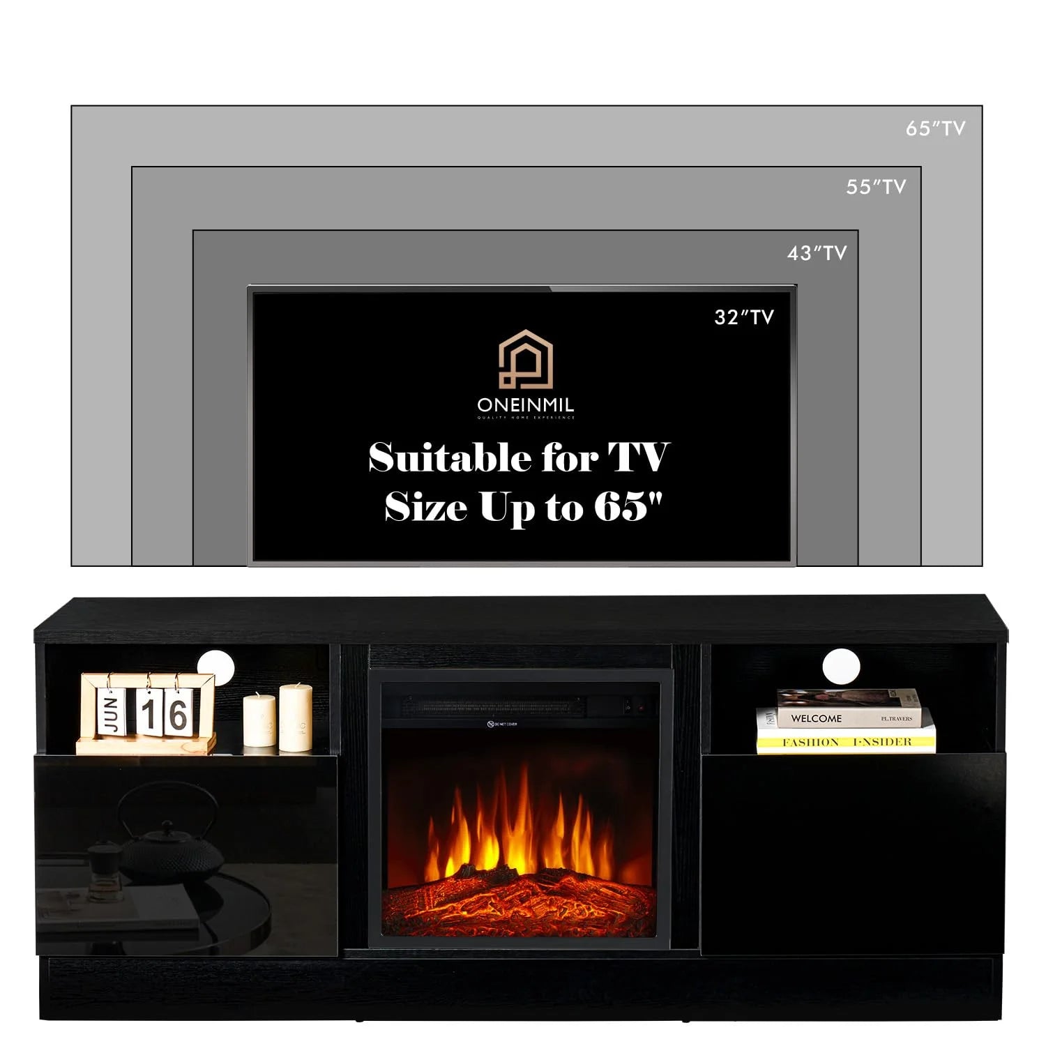 TV Stand with Fireplace for TVs up to 65", 58" Fireplace TV Stand, Entertainment Center with Fireplace for Living Room, Bedroom, Black