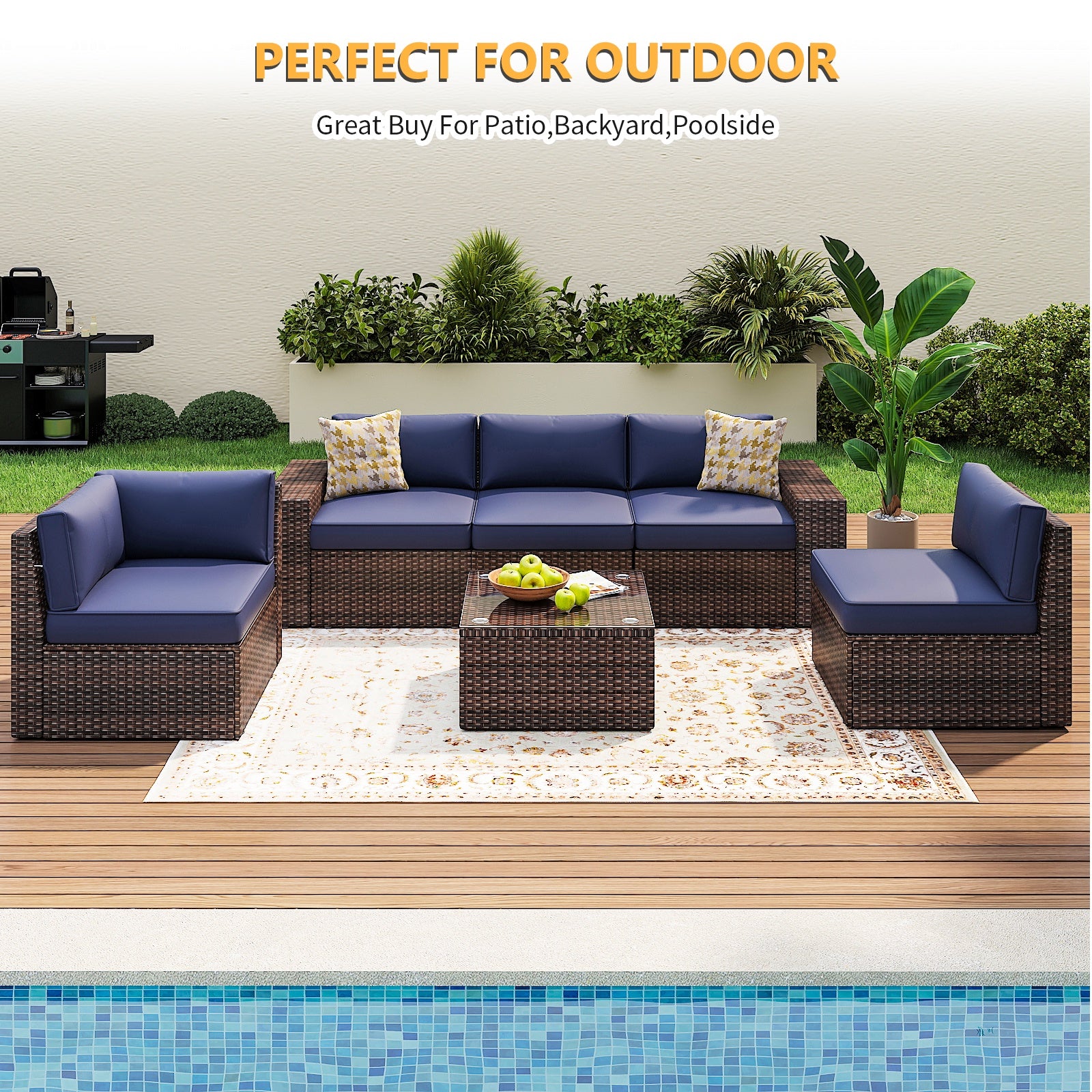 6 Pieces Outdoor Patio Furniture Sets, PE Rattan Wicker Sectional Sofa with Coffee Table for Lawn, Backyard,Balcony, Blue