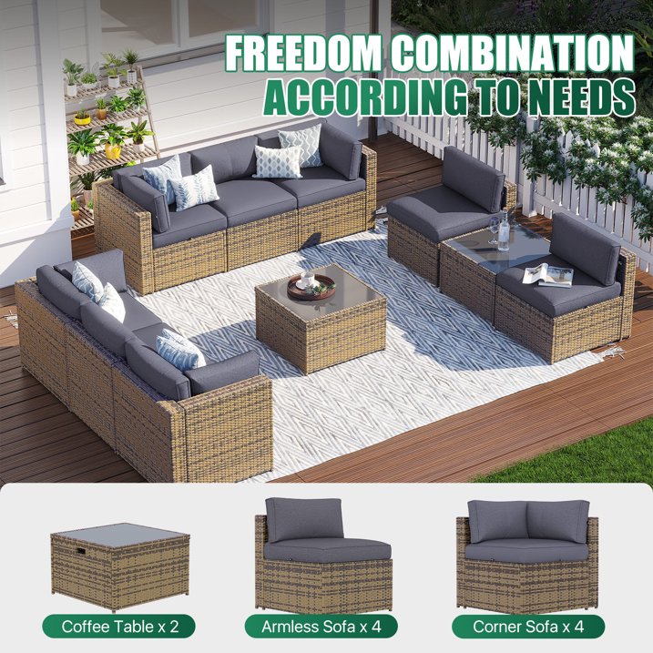 Clouddwell 10 Piece Patio Furniture Set Wicker Rattan Patio Conversation Set Outdoor Sectional Sofa Set with Coffee Table and Gray Cushions(Waterproof Cover Included)