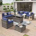 Aoxun 8 Piece Patio Furniture Set with 44” Fire Pit Table Wicker Rattan Outdoor Sectional Sofa Set with Coffee Table and 4” Thickened Cushions, Blue (Waterproof Cover Included)