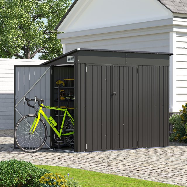 8' x 6' Metal Storage Shed with Triple Doors, Lockable Lean-to Design & Vents, Black