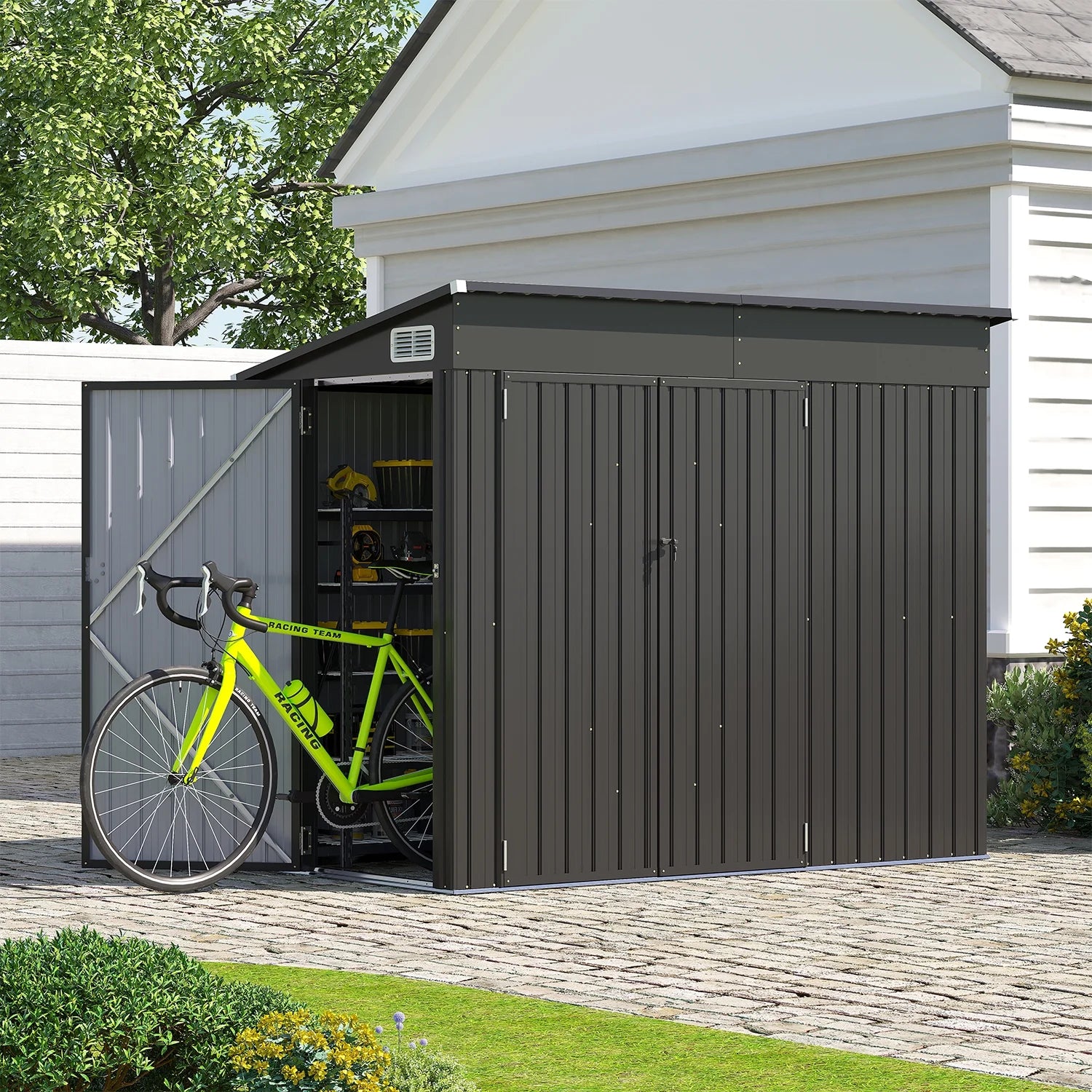 Sunmthink 8' x 6' Metal Storage Shed with Triple Doors, Lockable Lean-to Design & Vents, Black