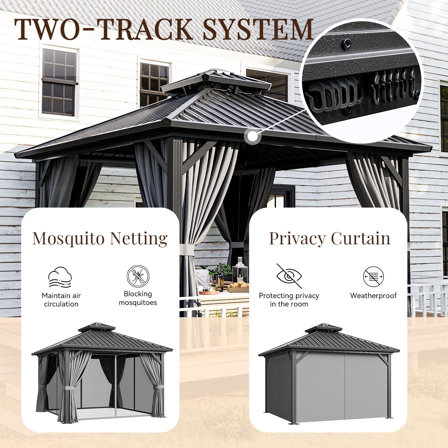12' x 12' Outdoor Hardtop Gazebo, Galvanized Double Roof Canopy Gazebo,Aluminum Frame Permanent Pavilion with Mosquito Net and Privacy Curtain for Garden, Patio, Gray
