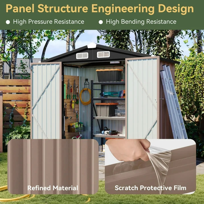 Aoxun 6'x4' Outdoor Metal Storage Shed with Lockable Door- Ideal for Tools, Garden Equipment & Bikes, Perfect for Patio Placement(Base Included/Brown)