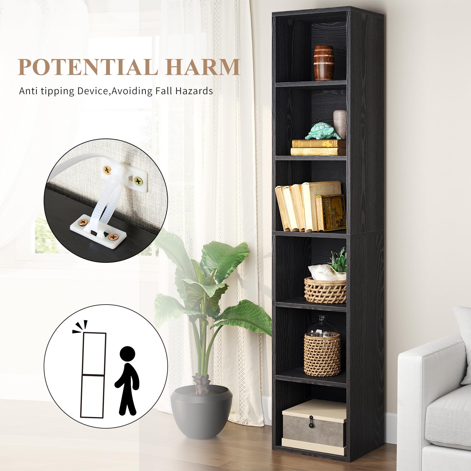 Oneinmil Tall Narrow Bookshelf Set of 2,6-Tier Cube Display Rack, Modern Corner Bookshelf with Storage Space, Storage Cabinet for Home Office,Black