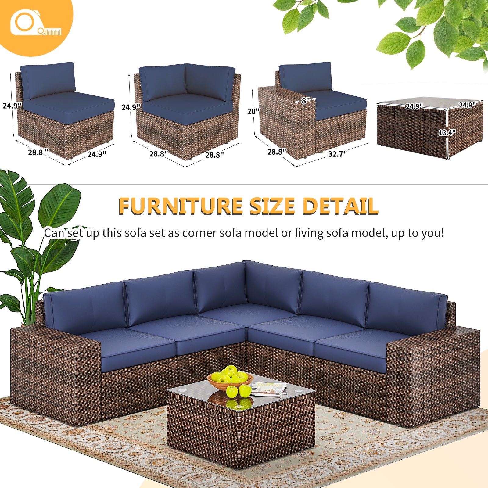 6 Pieces Outdoor Patio Furniture Sets, PE Rattan Wicker Sectional Sofa with Coffee Table for Lawn, Backyard,Balcony, Blue