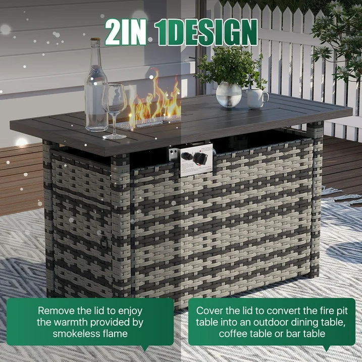 Clouddwell 8 Piece Patio Furniture Set with 44” Fire Pit Table Wicker Rattan Patio Conversation Set Outdoor Sectional Sofa Set with Coffee Table and Black Cushions(Waterproof Cover Included)