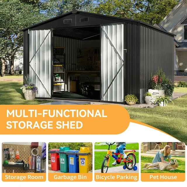 9.6x9.6x6.5ft Shed Outdoor Storage Shed, Metal Tool Shed with Plastic Floor and Lock, Black