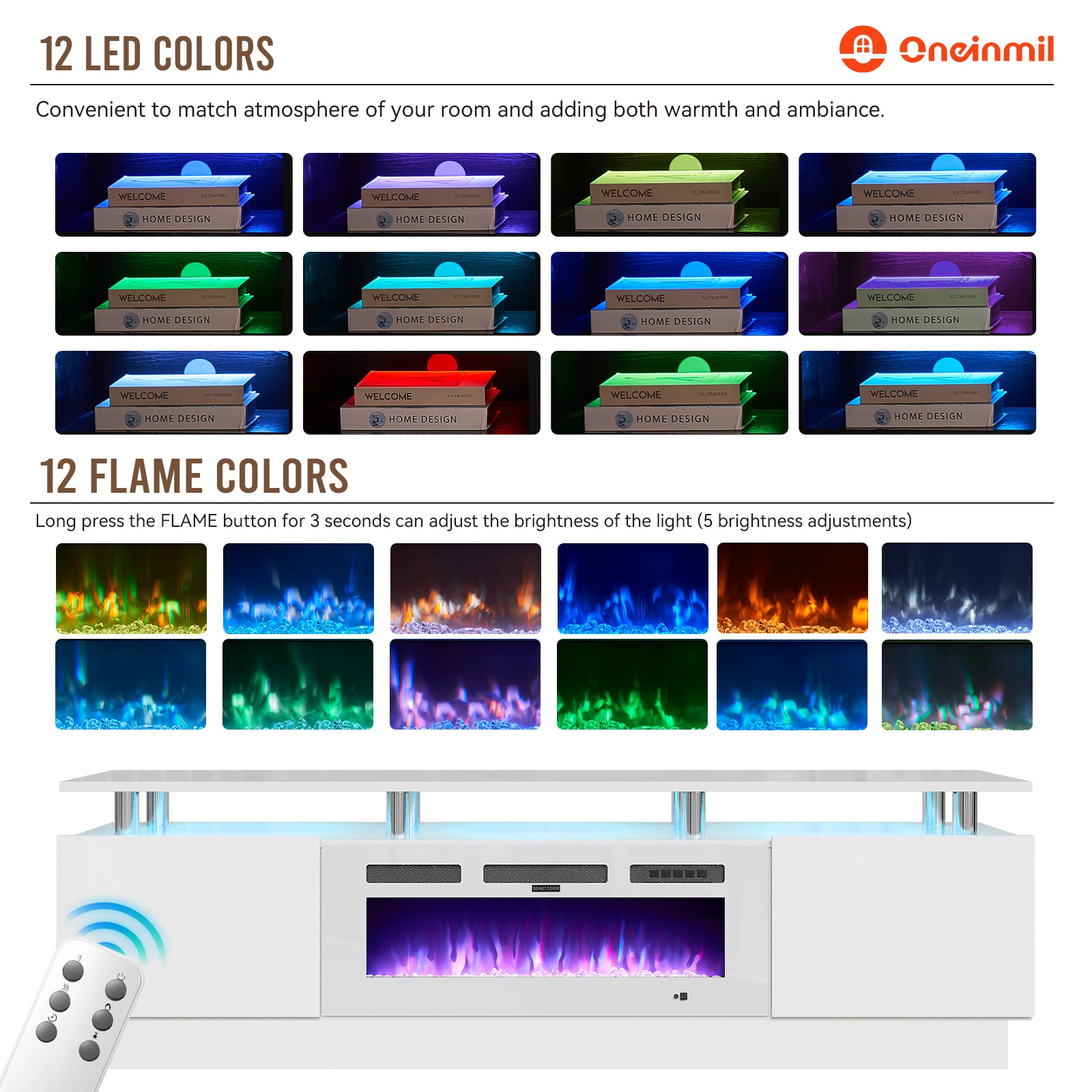 Oneinmil Fireplace TV Stand, Entertainment Center for TVs up to 80", 70” TV Stand with 36'' Electric Fireplace, LED Lights Entertainment Center, TV Console, White&White