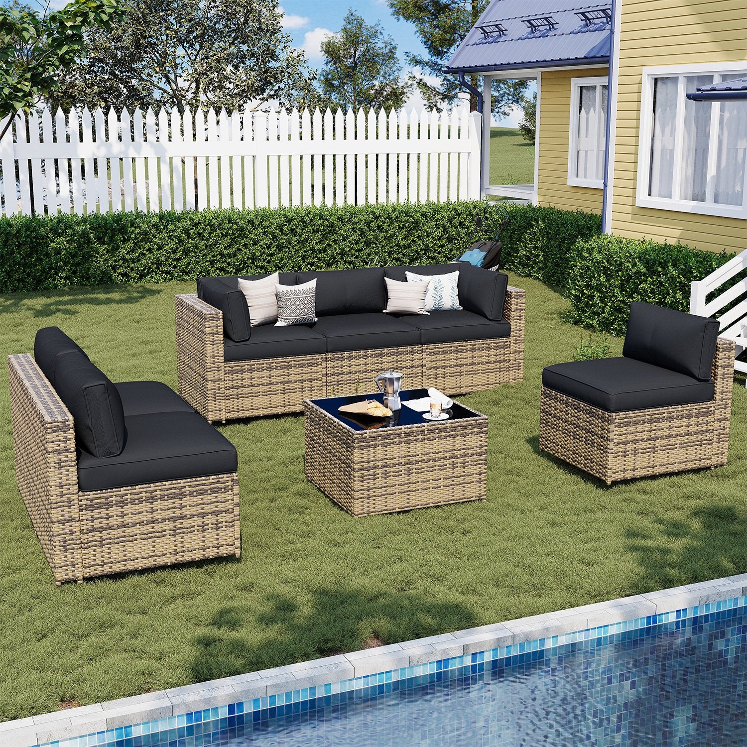 Sunmthink Patio Furniture Sets, 7-Piece Outdoor Patio Furniture with Thick Cushions, Wicker Outdoor Conversation Set and Waterproof Cover for Backyard, Poolside, Garden