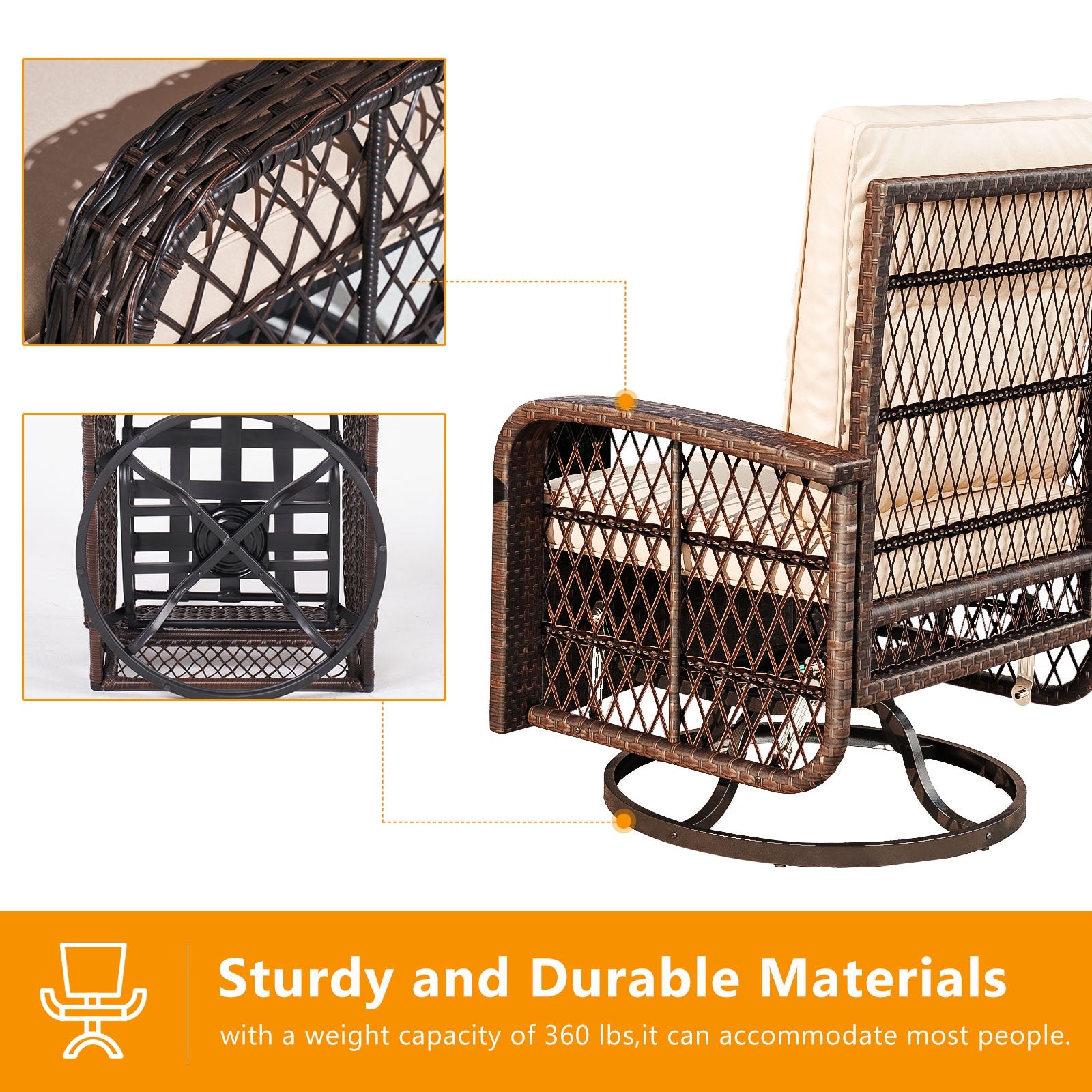 3 Pcs Patio Furniture Set, 360 Degree Swivel Rocking Chairs, Wicker Bistro Set with Glass Top Side Table, Beige