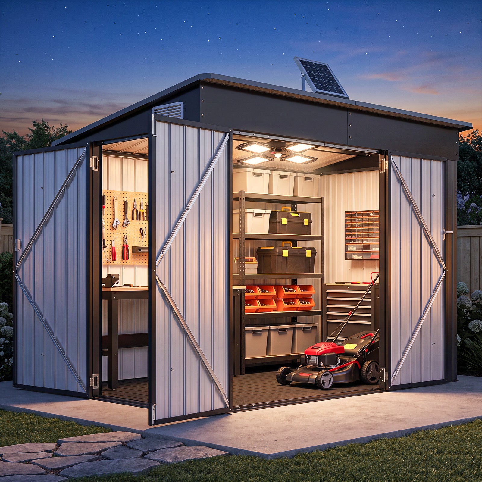 Aoxun 7.5'x4' Outdoor Storage Shed with 3 Lockable Doors & 14mm PP Floor | 7.5x4 FT Metal Garden Shed with Floor, Outdoor Storage Cabinet with Sloping Roof for Backyard, Black