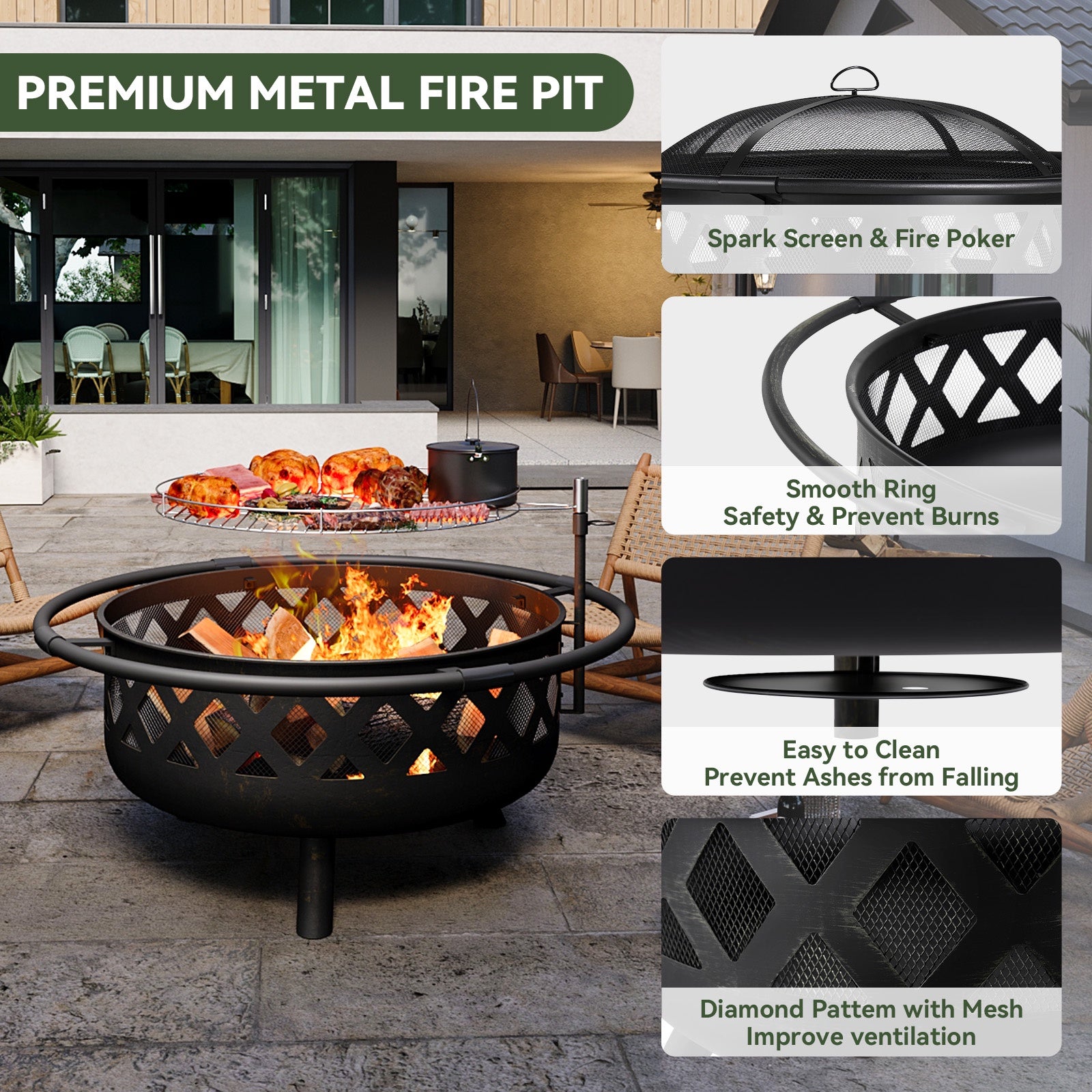 42" Outdoor Fire Pit, Wood Burning Fire Pit with Large Grill, BBQ Large Fire Table for Camping, Heating, Picnics