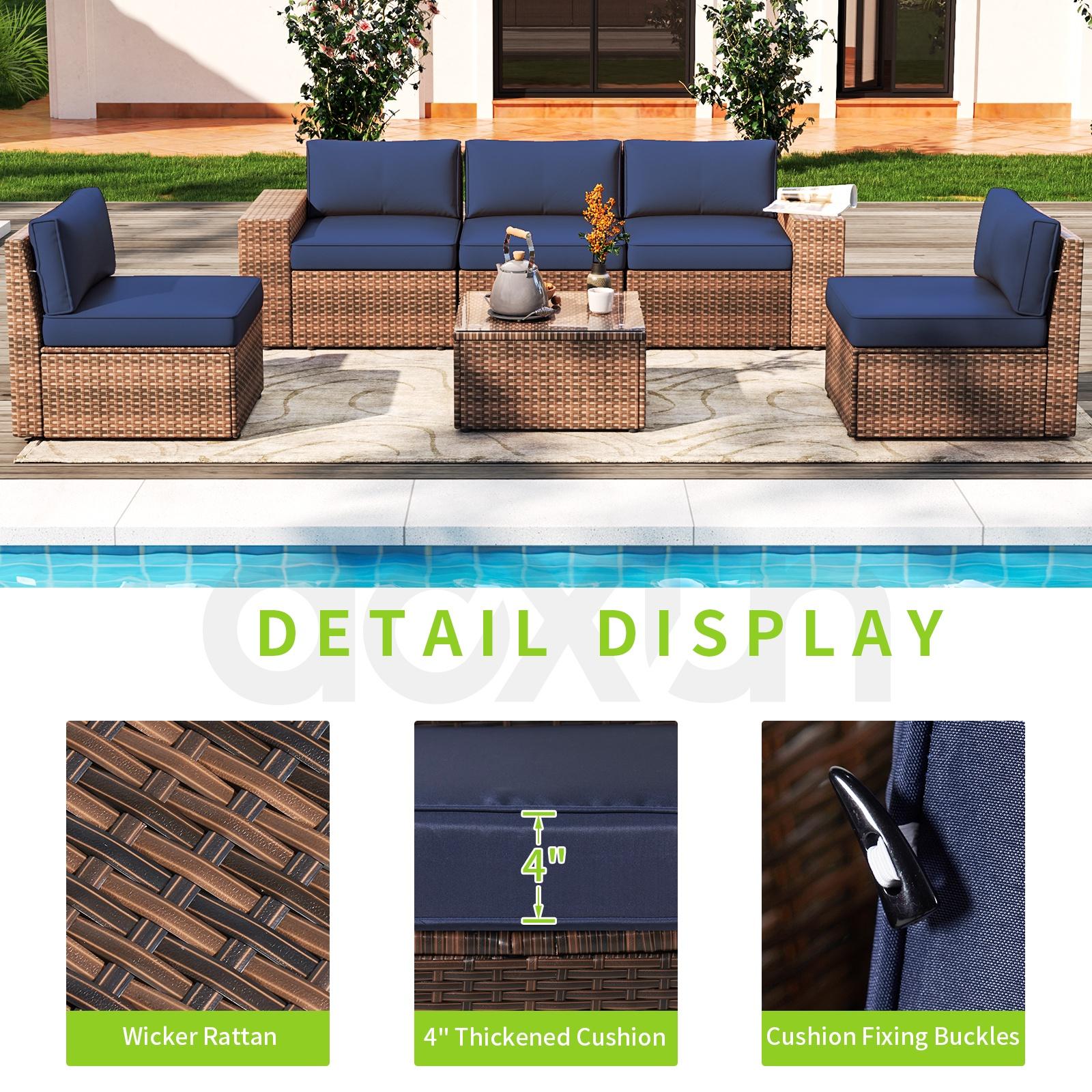 6 Pieces Patio Furniture Sets, Outdoor Sectional Rattan Sofa Set, Patio Furniture Set with Coffee Table, Blue