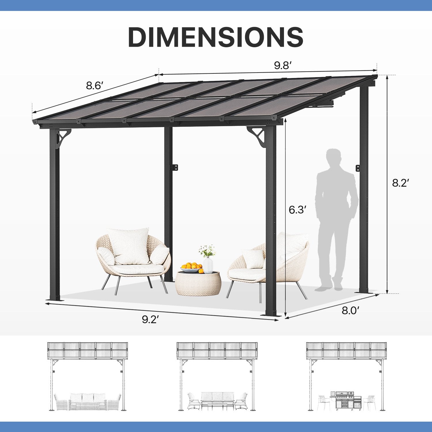 8' x 10' Gazebo for Patio, Small Wall-Mounted Lean to Outdoor Hardtop Gazebo with Roof,Black