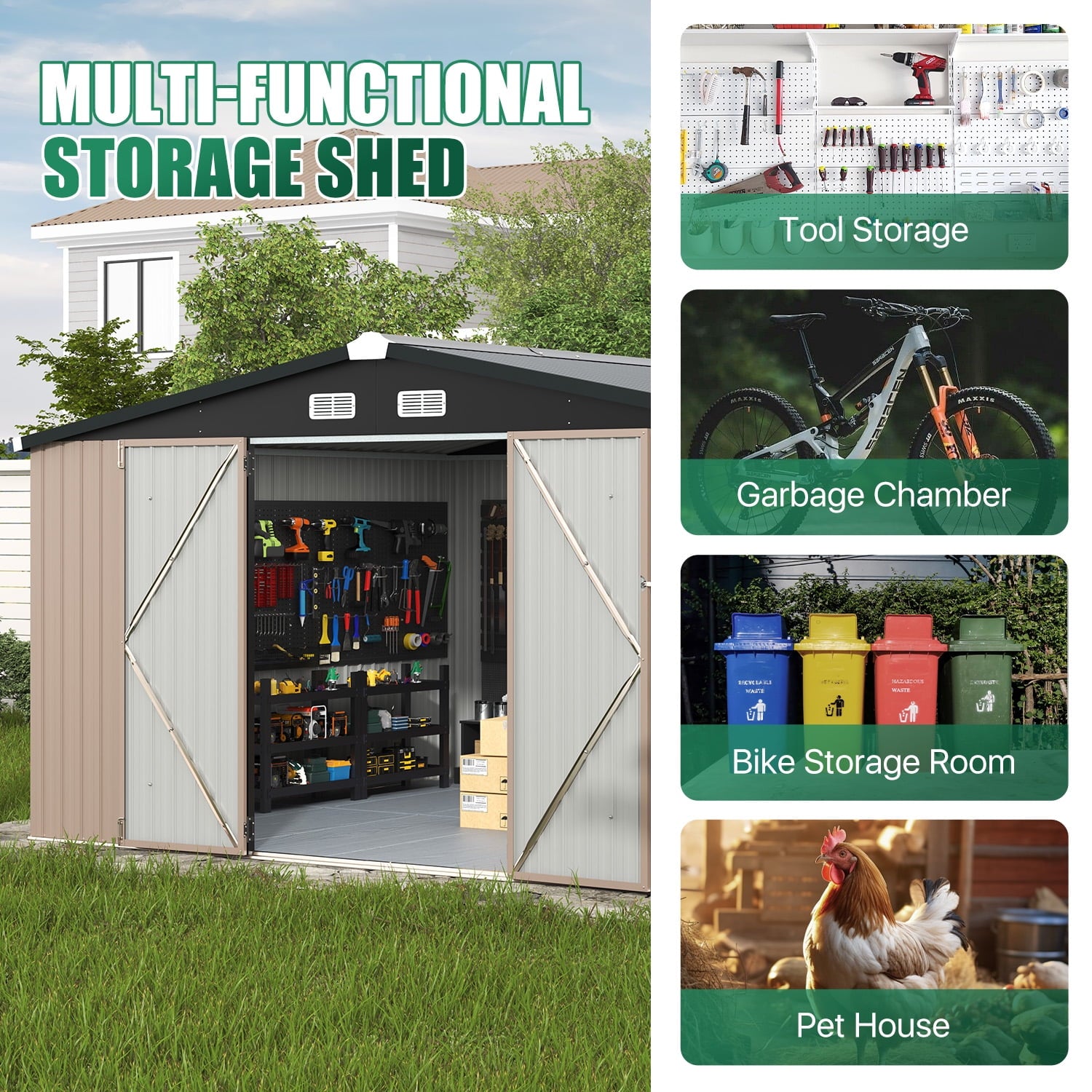 Clouddwell 11.5x9.4ft Galvanized Steel Storage Shed with Floor & Double Doors - Brown