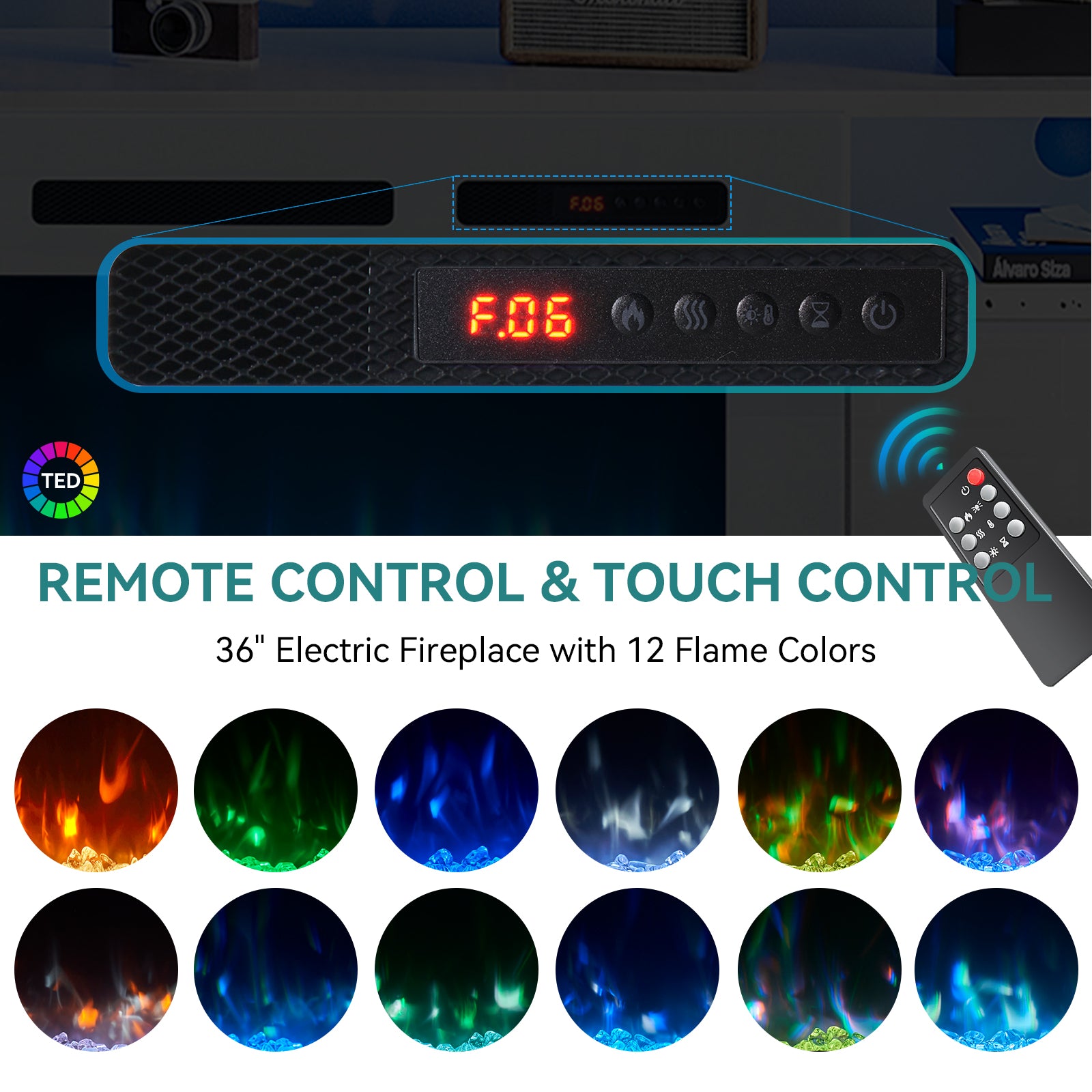 Fireplace TV Stand for TVs up to 90", 80" TV Stand with 36" Electric Fireplace, With 12 Color LED Lights Entertainment Center, White