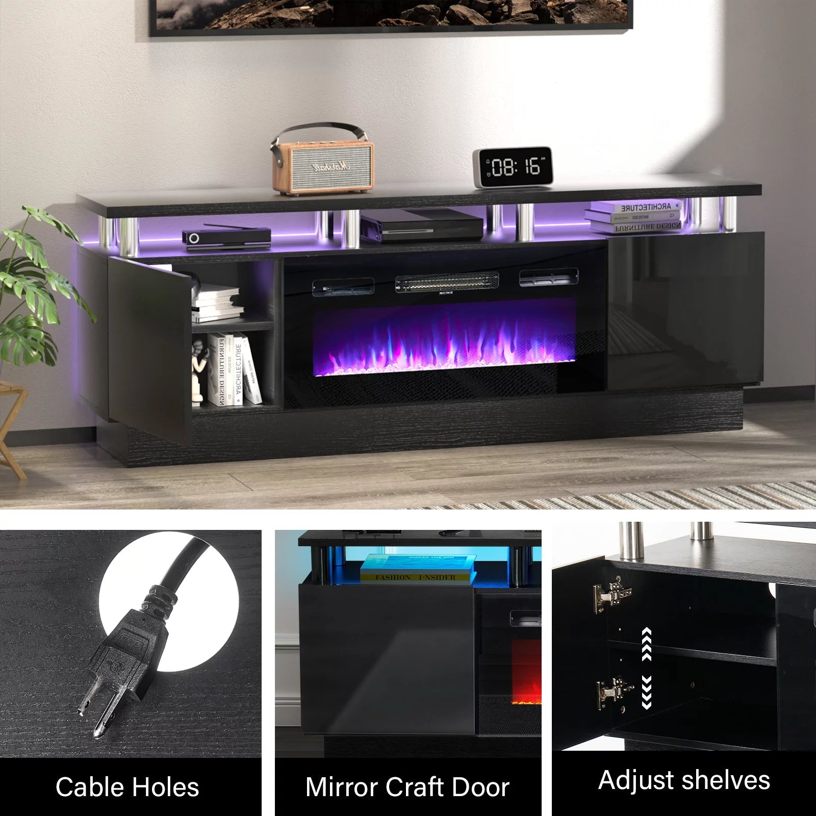 Fireplace TV Stand with LED Light, for TVs up to 80", Black