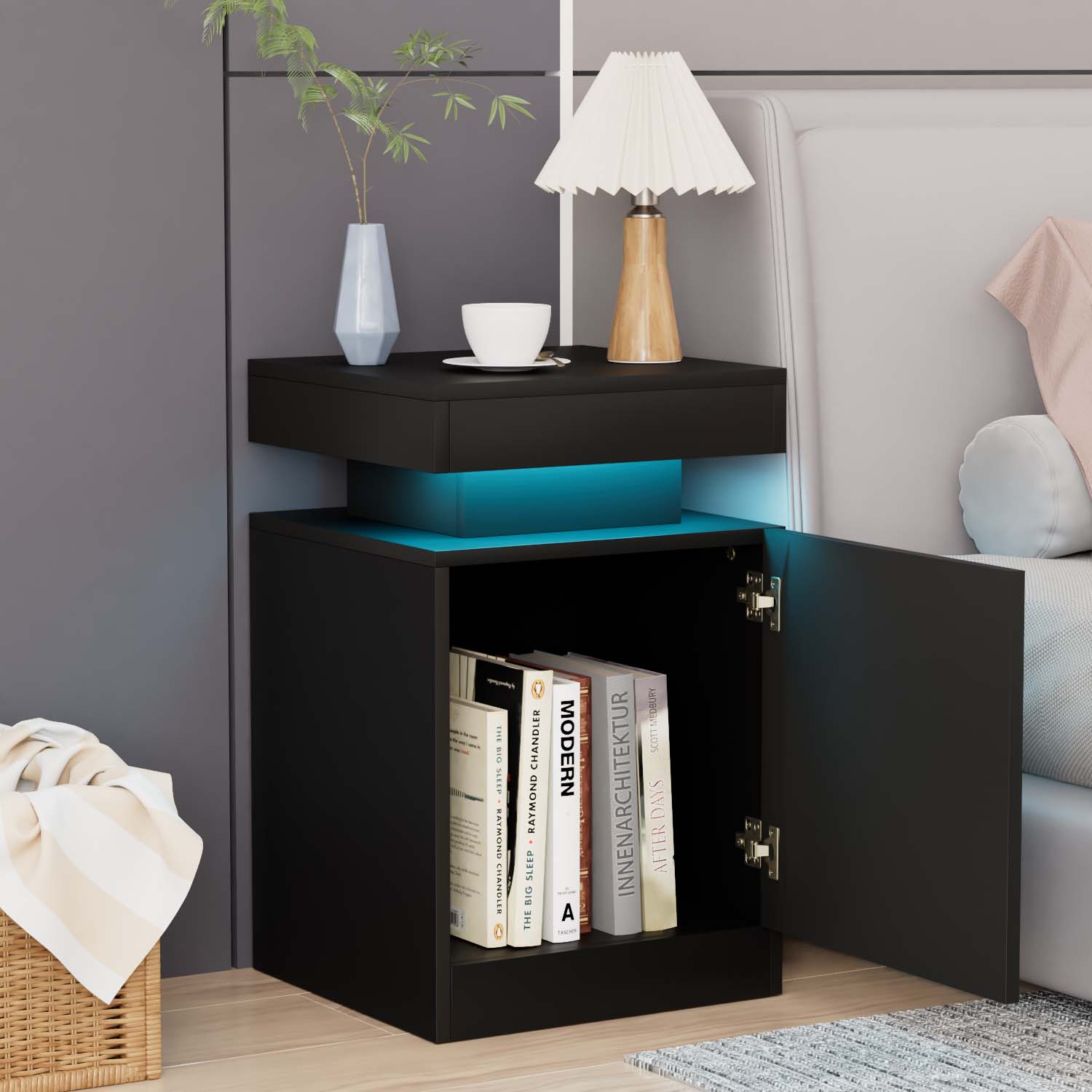 2 Pcs Nightstand with Led Lights, Black, Suitable for Bedroom, Sofa Side