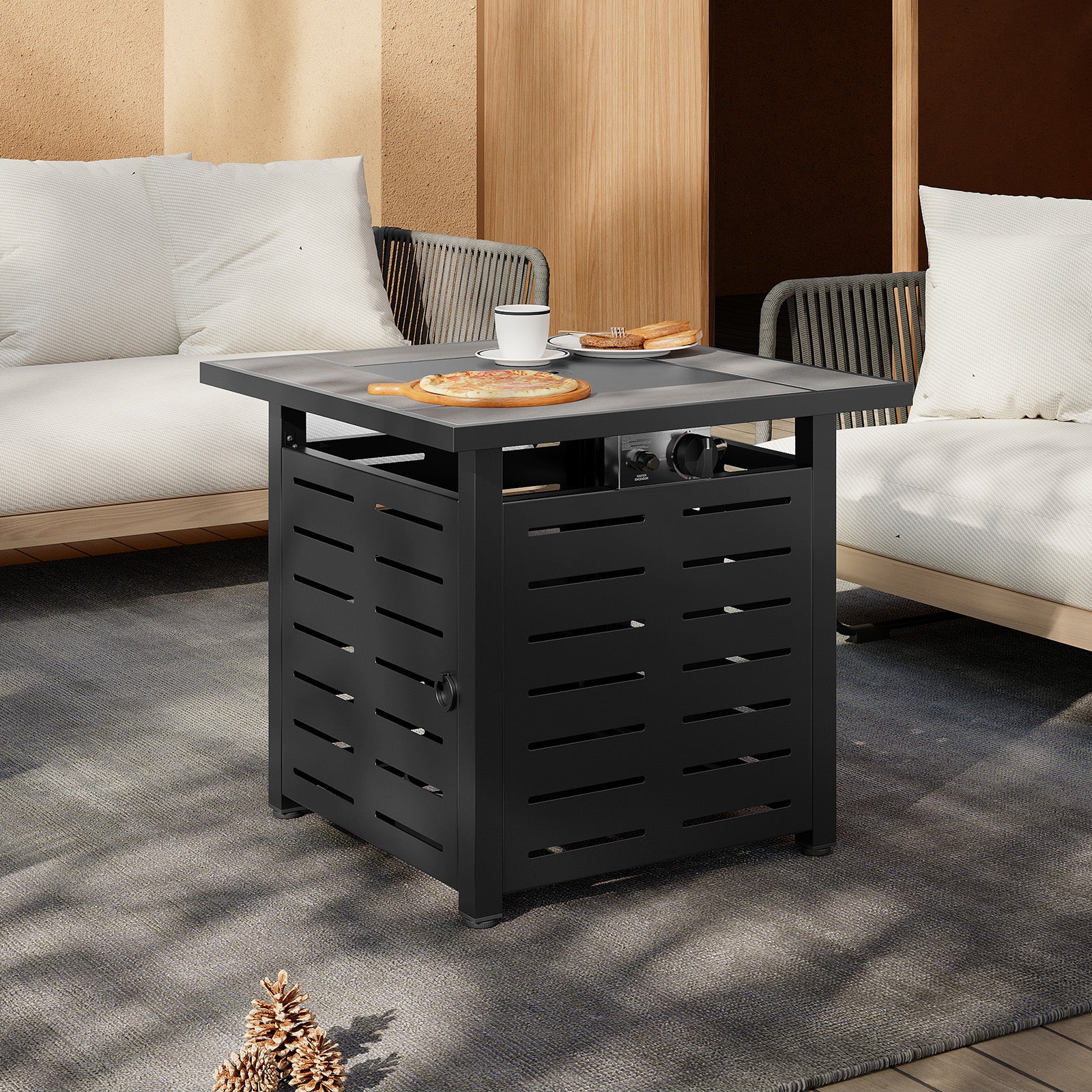 Aoxun 28" Propane Fire Pit Table, 50000 BTU Outdoor Patio Heater with Ceramic Top & Lava Rocks, Square Gas Fire Pits for Outside Patio with Removable Lid, Black