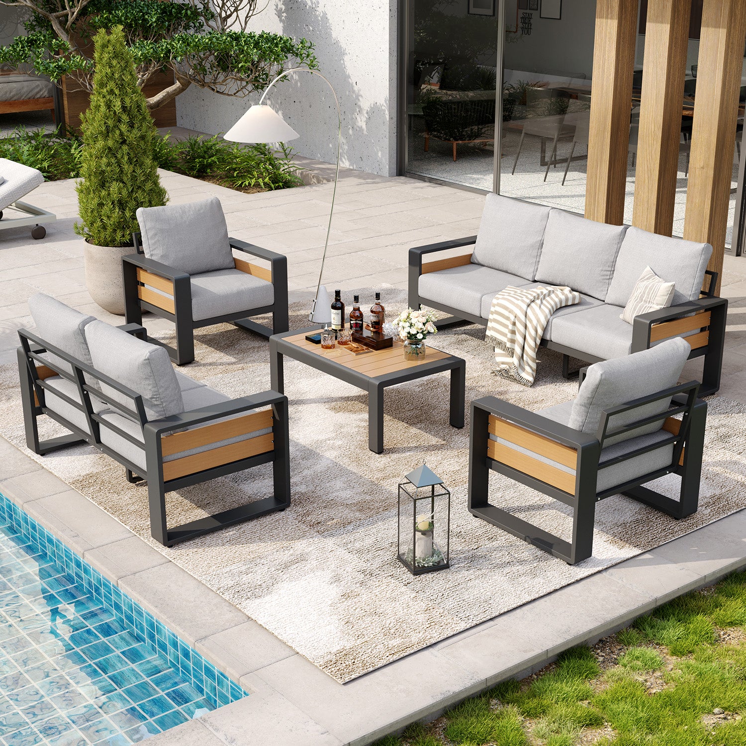 Aoxun Aluminum Patio Furniture Set, 5 Piece Luxury Outdoor Sectional with 6" Olefin Fabric Cushions, patio Conversation Sets with Coffee Table and Waterproof Cover for Backyard, Porch Dark Grey