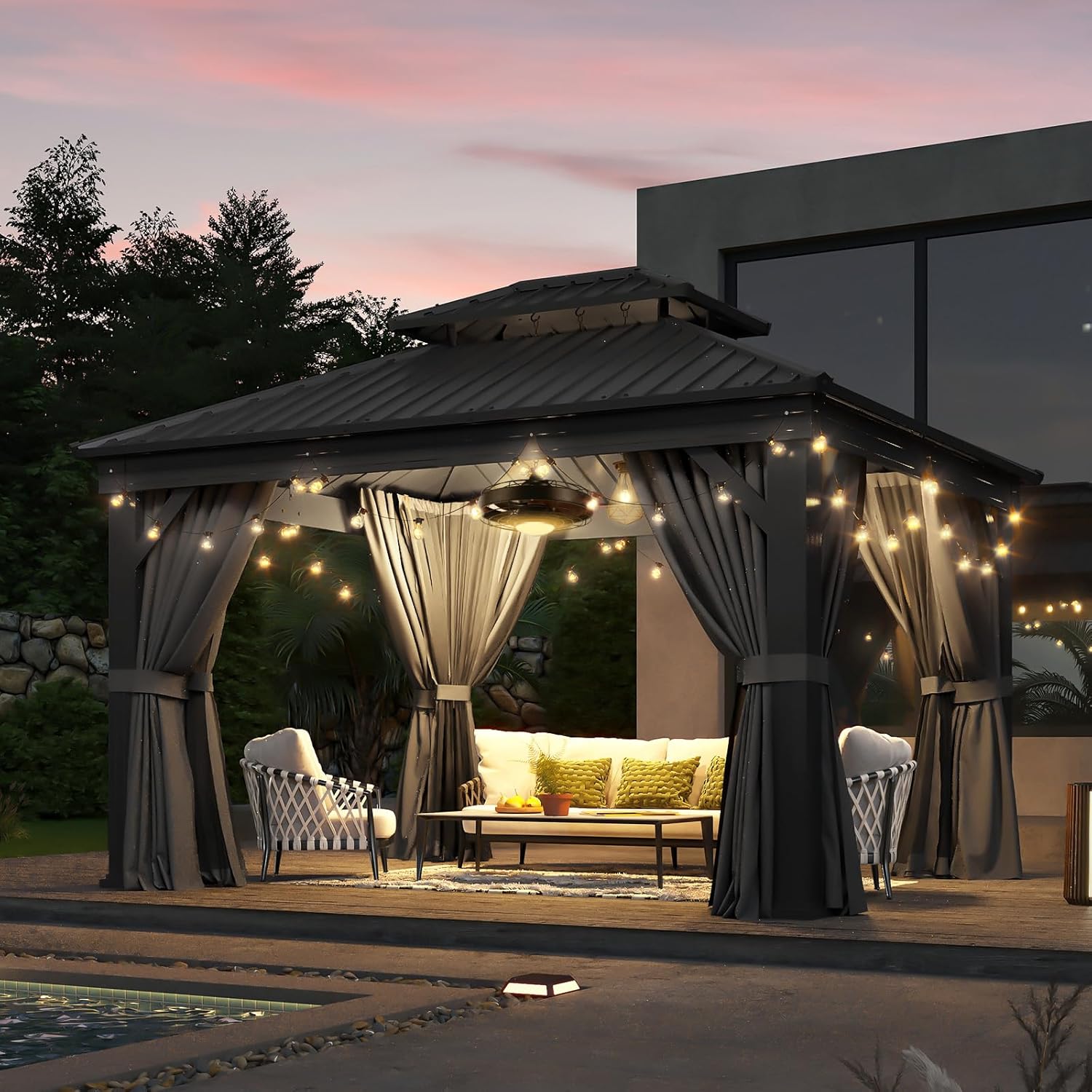 Aoxun 12' X 20' Hardtop Gazebo, Aluminum Outdoor Gazebo with Galvanized Steel Double Roof Canopy, Permanent Metal Pavilion with Privacy Curtain and Netting, for Poolside, Backyard, Square Foundation