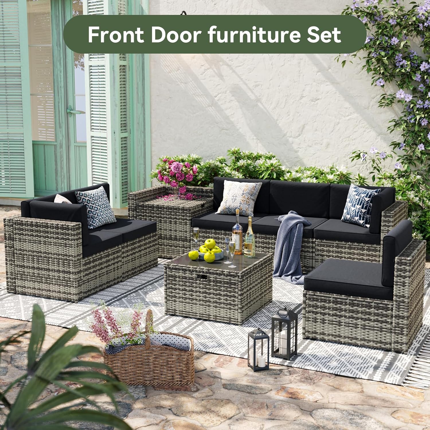 Aoxun 8 Piece Patio Furniture Set, Wicker Outdoor Furniture Set with Storage Box and Glass Top Table, Patio Sectional Set with Thickened Cushions and Include Waterproof Cover