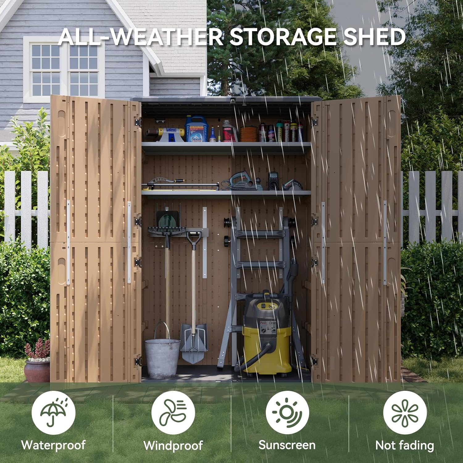 Aoxun Outdoor Storage Shed with Floor, 64 Cu.Ft Large Outdoor Storage Cabinet, Waterproof Vertical Resin Shed for Garden Tools, Pool Equipment, Brown