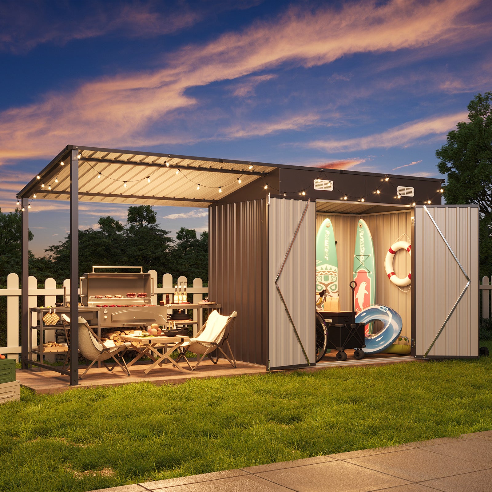 Aoxun 6x4FT Outdoor Storage Shed & Hardtop Gazebo Combo, 12x4FT Metal Lean to Shed with Open-Sided Pergola, 2-in-1 Durable Garden Tool Shed for Patio, Backyard, Deck