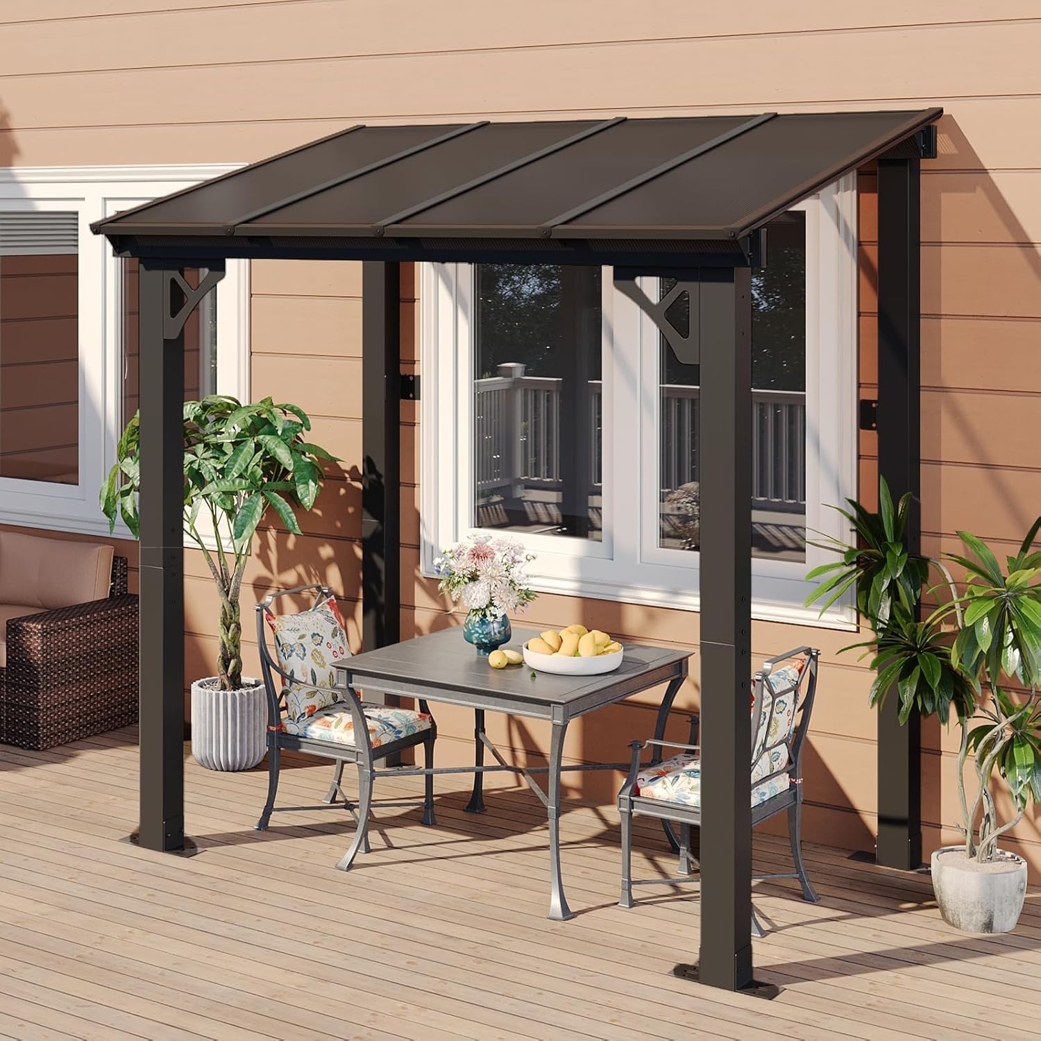 Aoxun 5’x 8’ Premium Gazebo with Aluminum Top Frame & Polycarbonate Panel, Wall Mounted Gazebos Pergola, Outdoor Patio Lean to Gazebo, Awnings with Sloped Roof, for Backyard, Porch, Deck