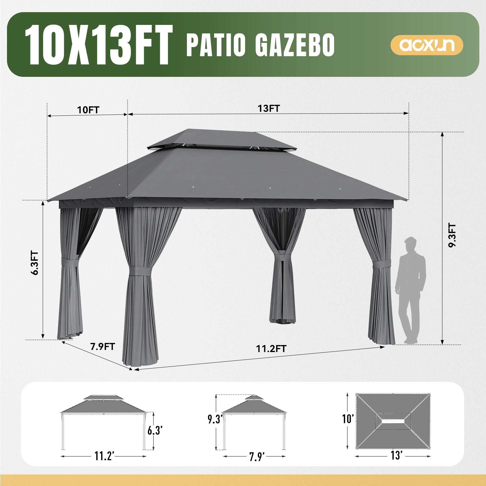 10'x13'Outdoor Gazebo,Double Roofs Metal Frame Canopy With Privacy Curtains For Backyard,Lawn,Garden,Gray