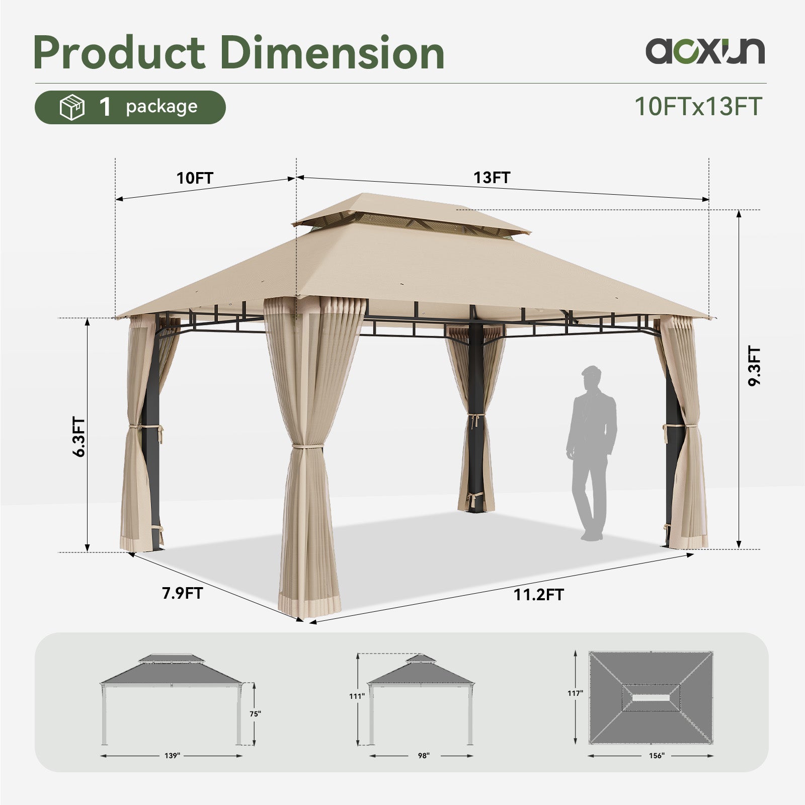 Outdoor Gazebo for Patio 10x13, Metal Frame Canopy with Double Roofs, Heavy Duty Party Tent and Shelter with Mosquito Nettings for Backyard, Lawn, Garden,Beige