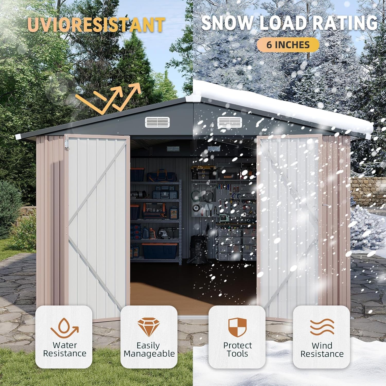 Aoxun 10x12FT Shed with Floor Galvanized Steel Outdoor Storage Shed (Brown) Metal Garden Shed with Double Doors, Moisture-Proof Floor & Ventilation, Sloped Roof for Garden, Patio, Backyard