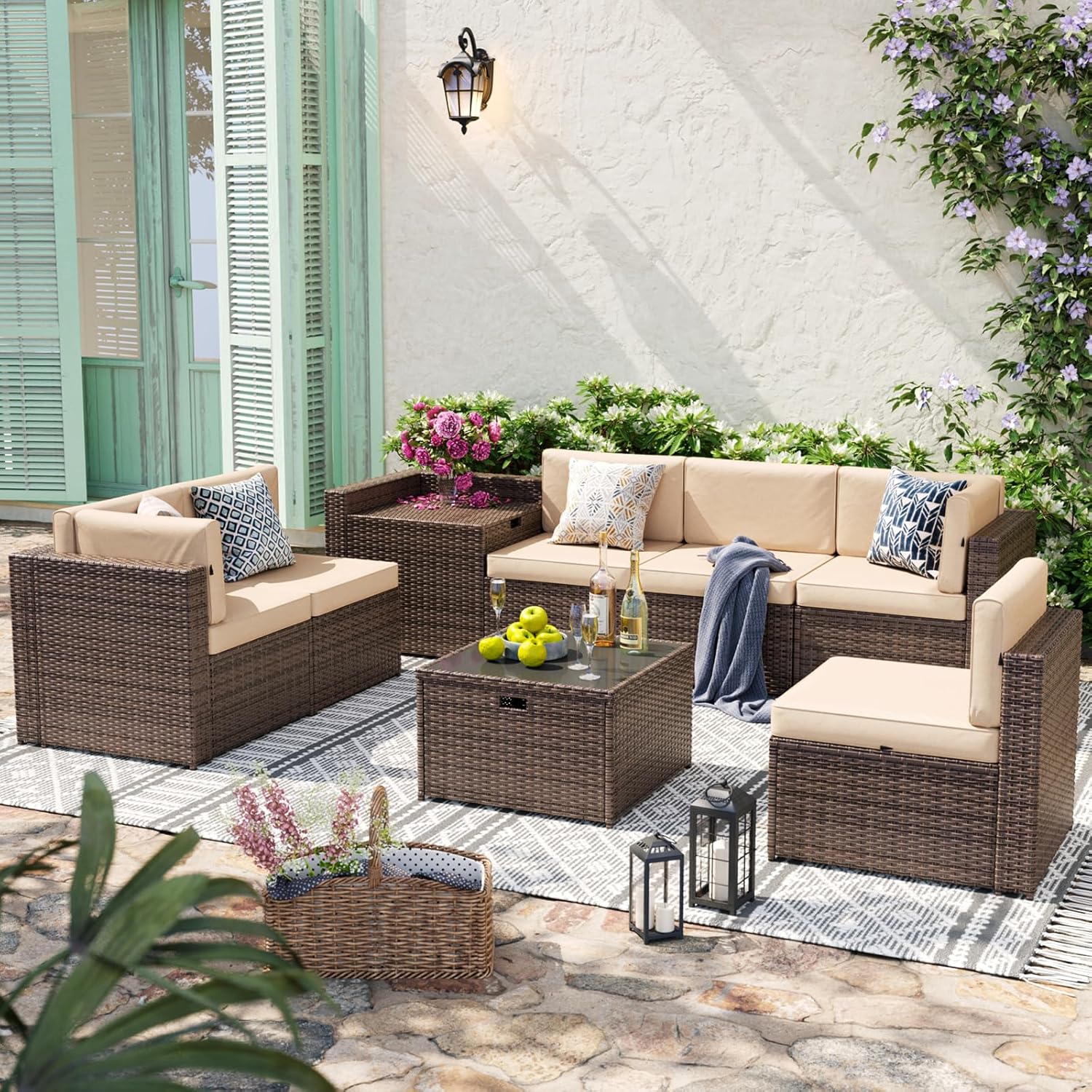 Aoxun 8 Piece Patio Furniture Set, Wicker Outdoor Furniture Set with Storage Box and Glass Top Table, Patio Sectional Set with Thickened Cushions and Include Waterproof Cover