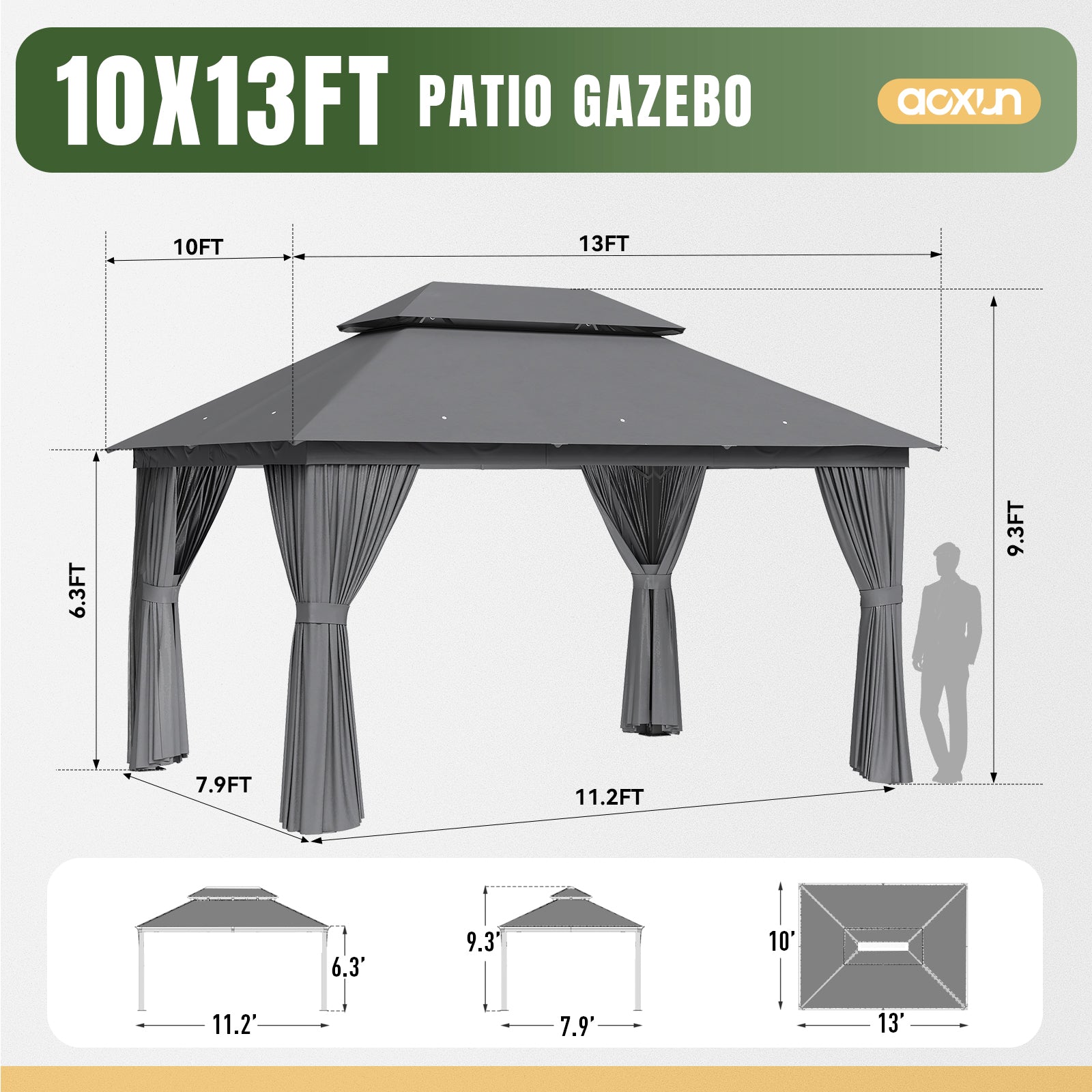 10'x13'Outdoor Gazebo,Double Roofs Metal Frame Canopy With Privacy Curtains For Backyard,Lawn,Garden,Dark Gray