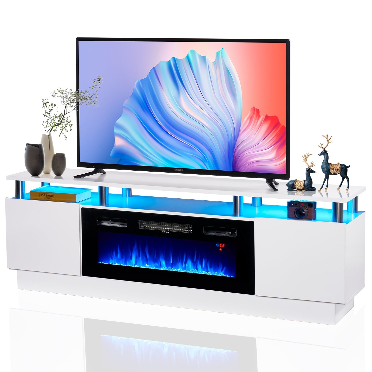 Fireplace TV Stand, Entertainment Center for TVs up to 80", 70” TV Stand with 36'' Electric Fireplace, LED Lights Entertainment Center, TV Console, White