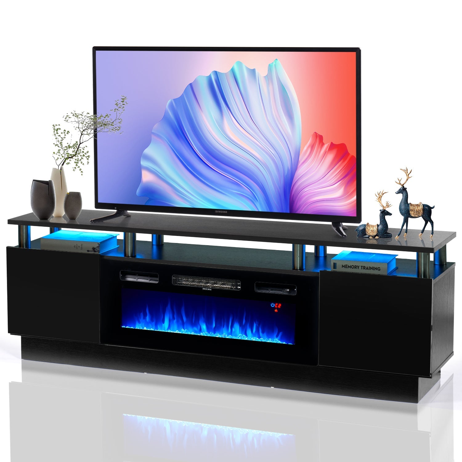 Fireplace TV Stand, Entertainment Center for TVs up to 80", 70” TV Stand with 36'' Electric Fireplace, LED Lights Entertainment Center, TV Console, Black