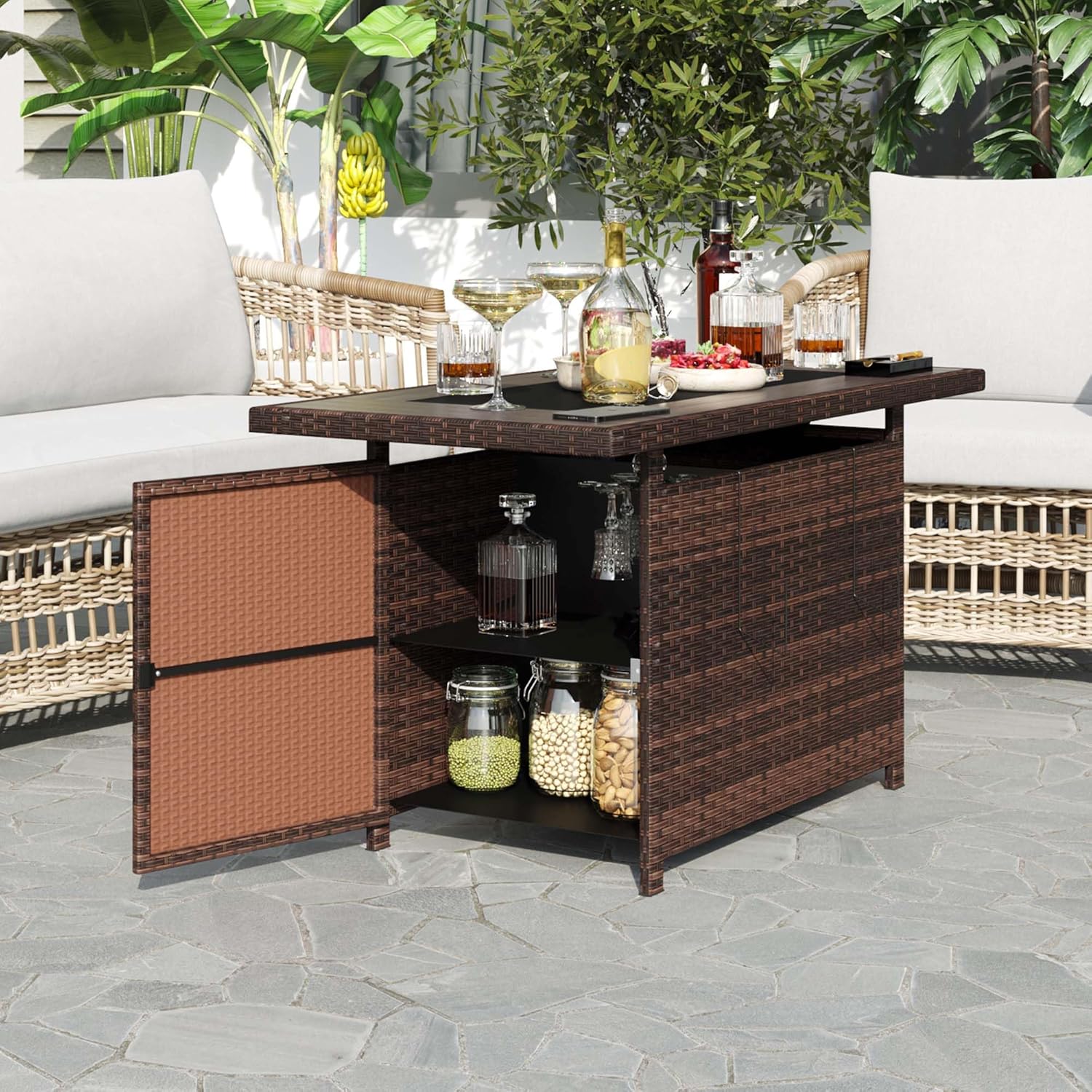 Aoxun 44" Propane Fire Pit with Storage 60,000 BTU Outdoor Wicker Fire Table CSA Certified Patio Rectangular Gas Fire Pit Table with Firepit Lid and Waterproof Cover