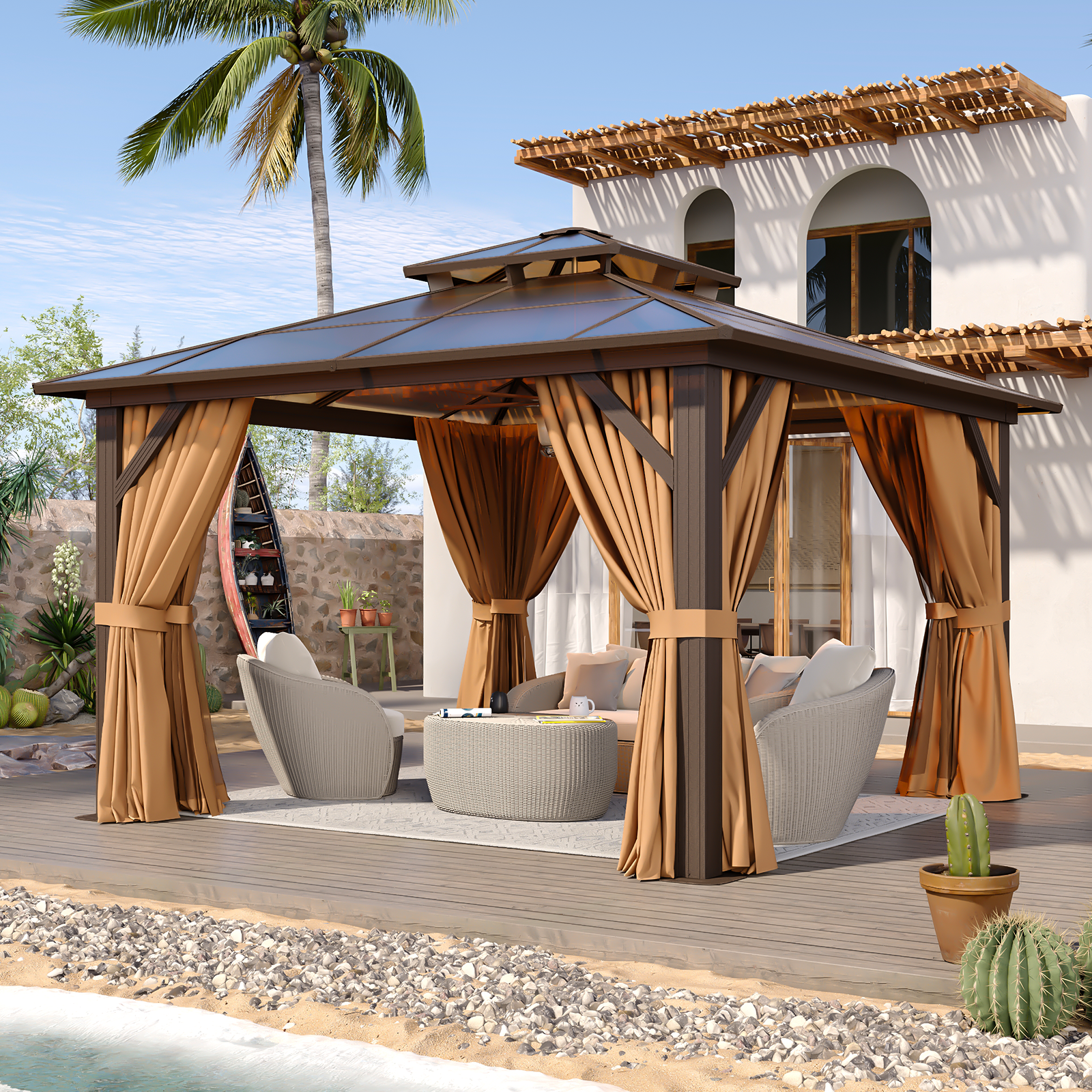 12'x12' Hardtop Gazebo, Aluminum Frame Permanent Pavilion with Curtains and Netting, Outdoor Polycarbonate Double Roof Canopy, Designed for Garden, Lawns, Patio, Gray