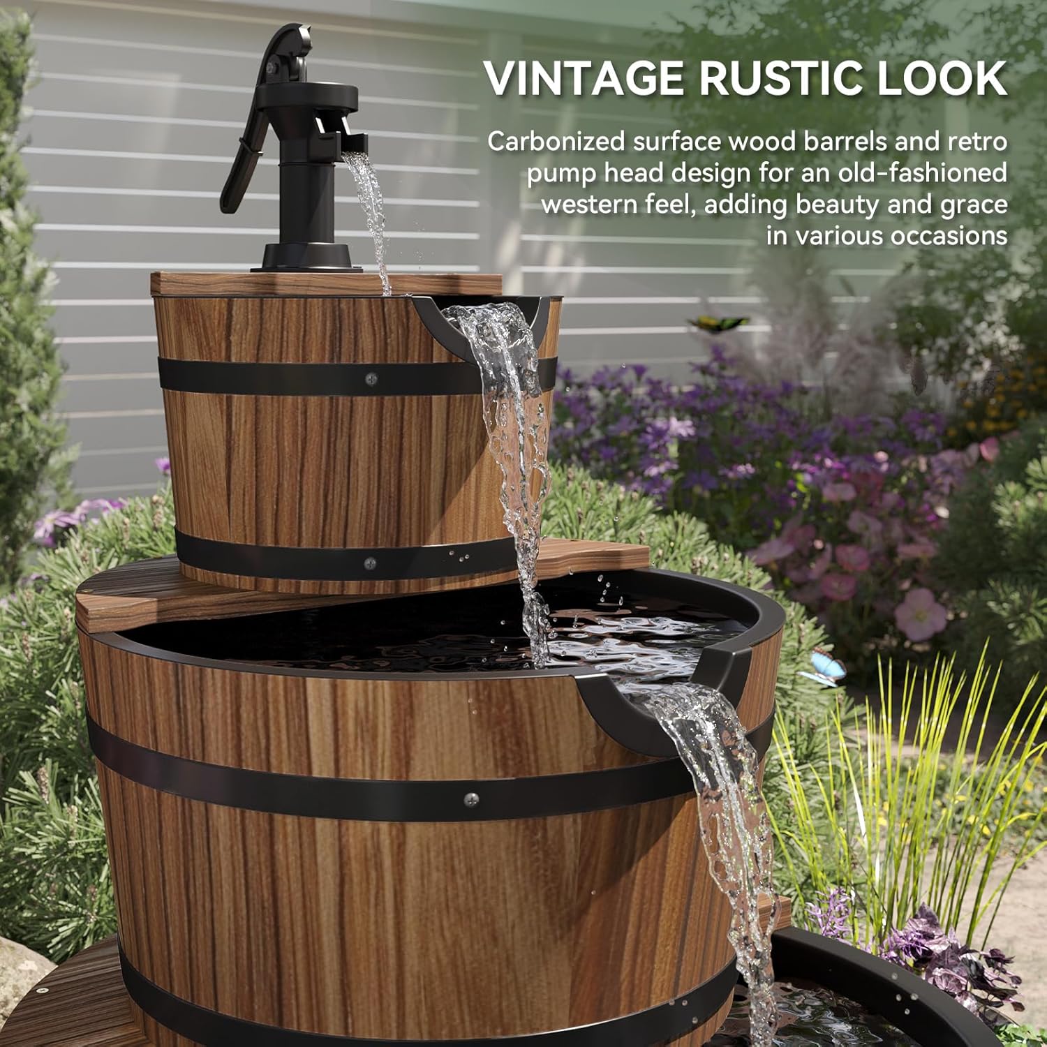 Outdoor Water Fountain, Wood Barrel Cascading with Electric Decorative Hand Pump, Rustic Waterfall Fountain for Garden, Backyard, Patio, Porch, Yard