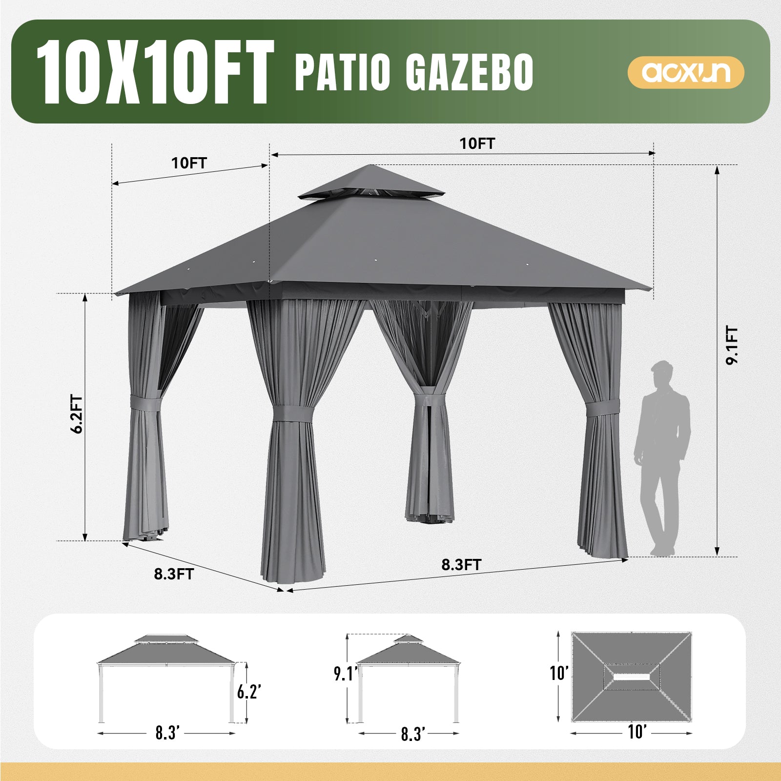 Outdoor Gazebo for Patio 10x10, Metal Frame Canopy with Double Roofs, Heavy Duty Party Tent and Shelter with Mosquito Netting and Privacy Screen for Backyard, Lawn, Garden, Deck (Grey)