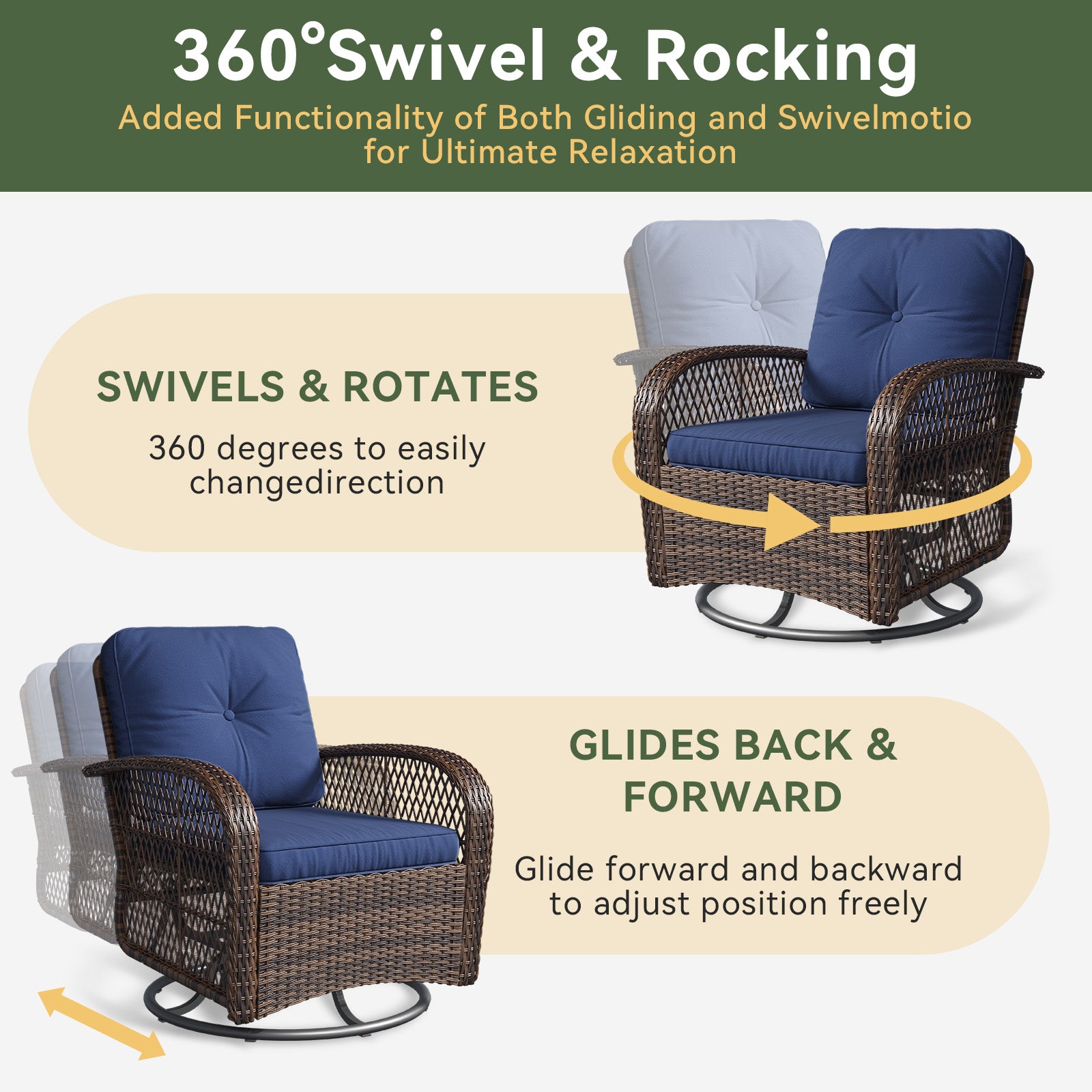 3 pcs Swivel Rocking Chairs & Tempered Glass Table Set