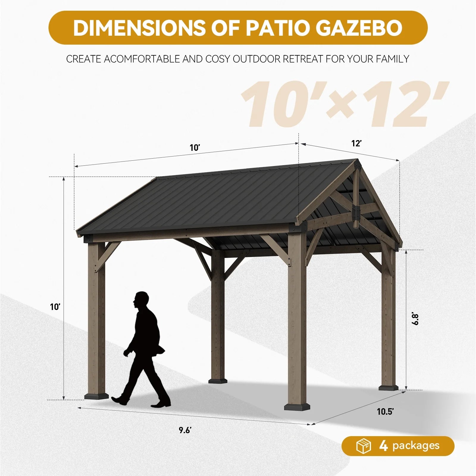 Sunmthink 10' x 12' Outdoor Wood Frame Gazebo, Hardtop Gazebo with Galvanized Steel, Permanent Wooden Pavilion for Patio Backyard Lawn Garden