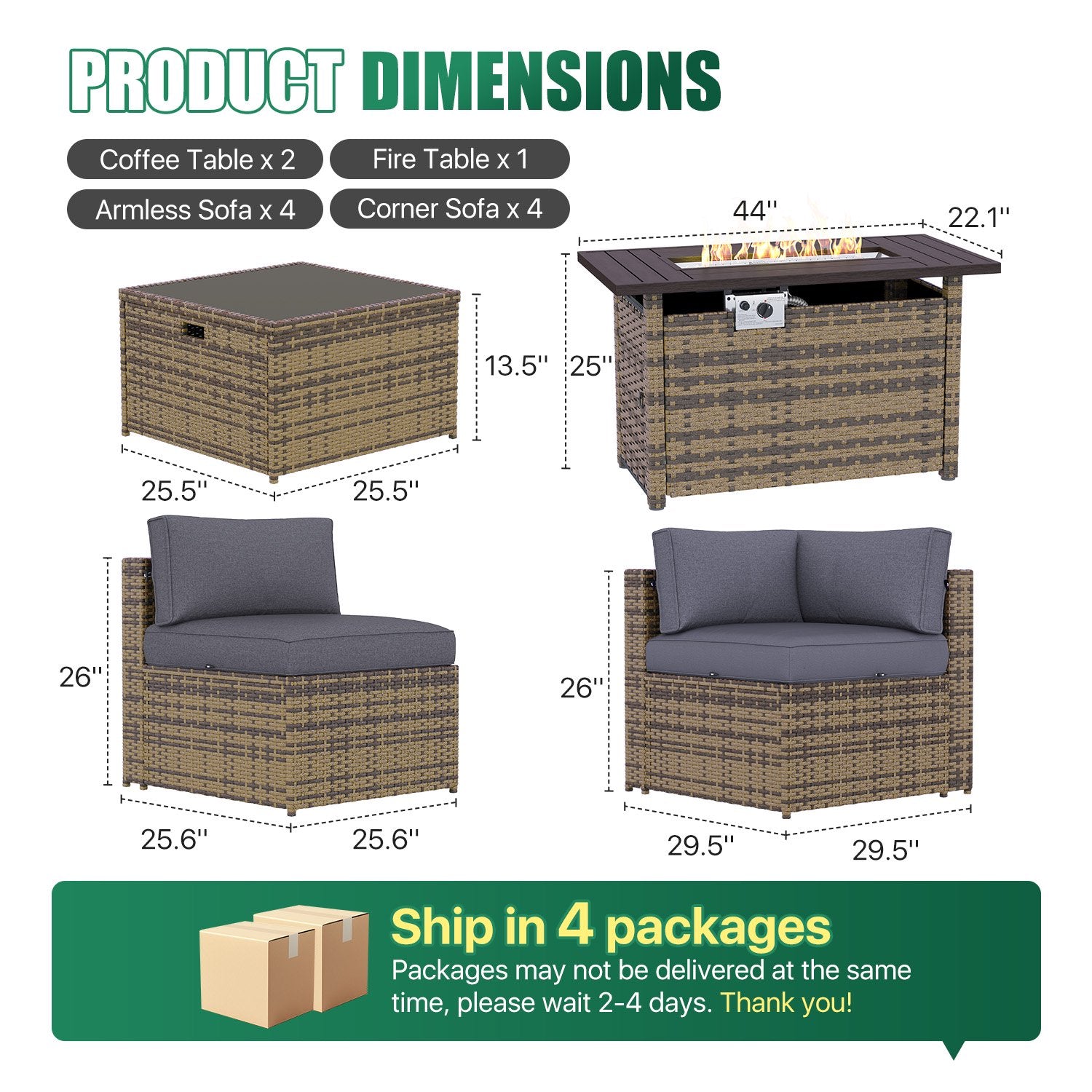 Clouddwell 11 Piece Patio Furniture Set with 44” Fire Pit Table Wicker Rattan Patio Conversation Set Outdoor Sectional Sofa Set with Coffee Table and Gray Cushions(Waterproof Cover Included)