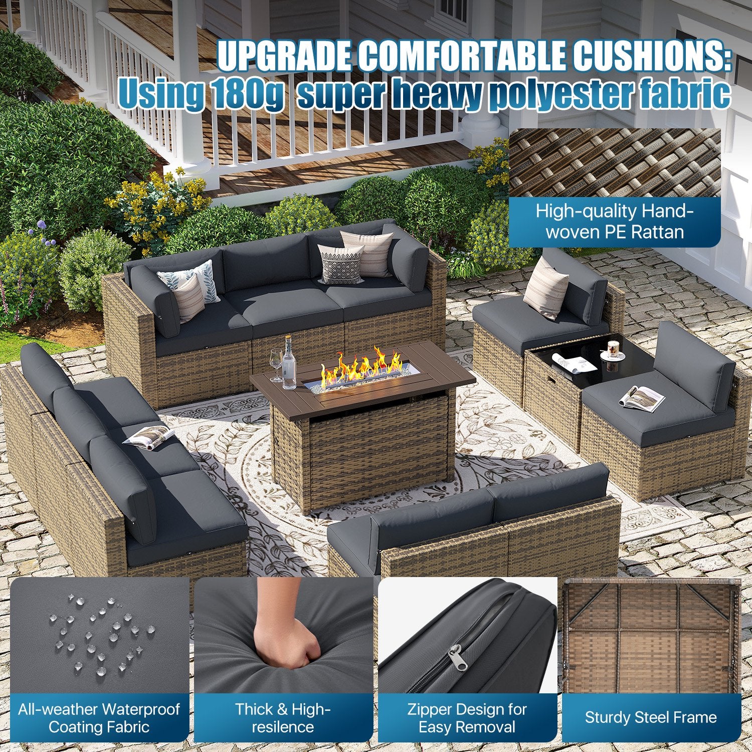 Sunmthink Patio Furniture Sets, 12-Piece Outdoor Patio Furniture with 44'' Propane Gas Firepit Table, Wicker Outdoor Conversation Set and Waterproof Cover for Backyard, Poolside, Garden