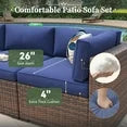 11 Piece Patio Furniture Set with 44” Fire Pit Table Wicker Rattan Outdoor Sectional Sofa Set with Coffee Table and 4” Thickened Cushions, Blue (Waterproof Cover Included)