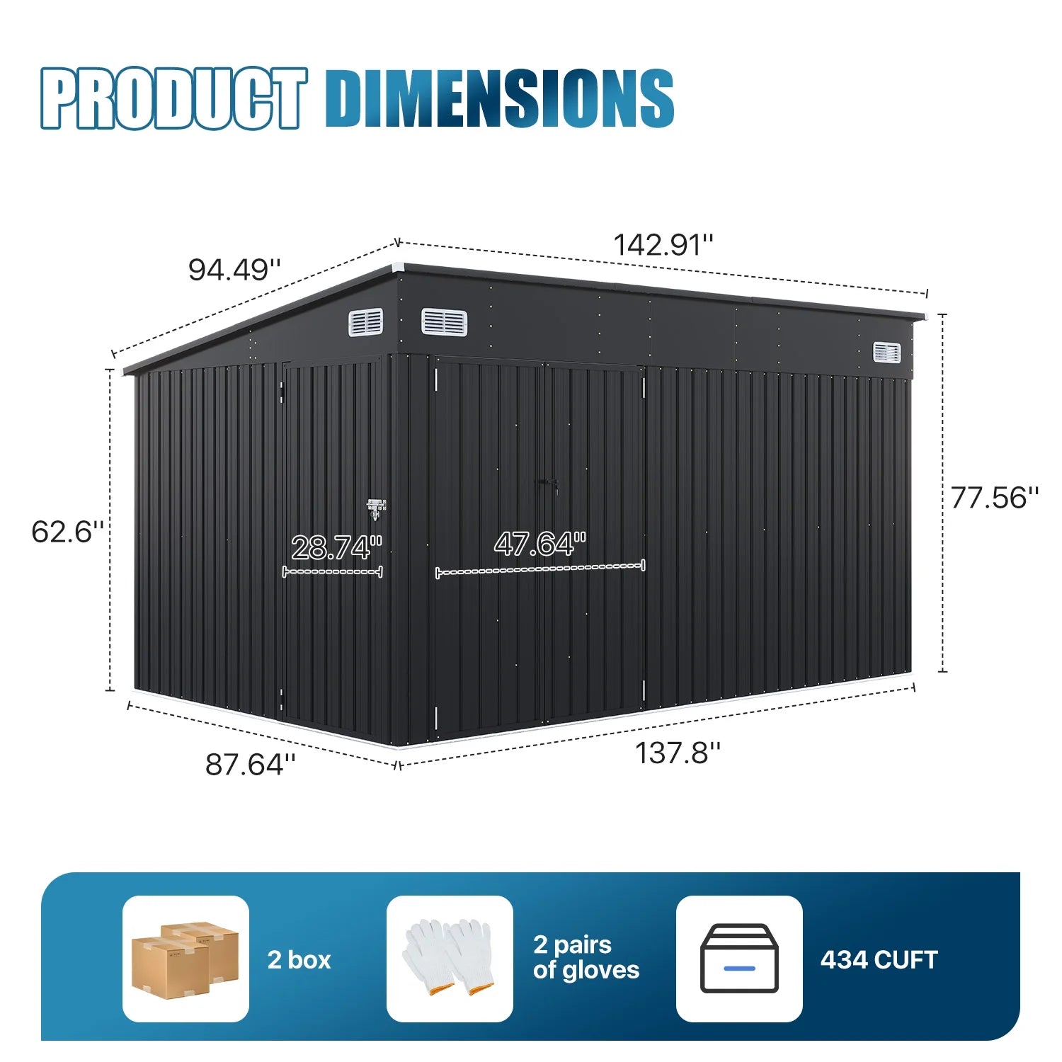 Sunmthink 12' x 8' Metal Storage Shed with Triple Doors, Lockable Lean-to Design & Vents, Black