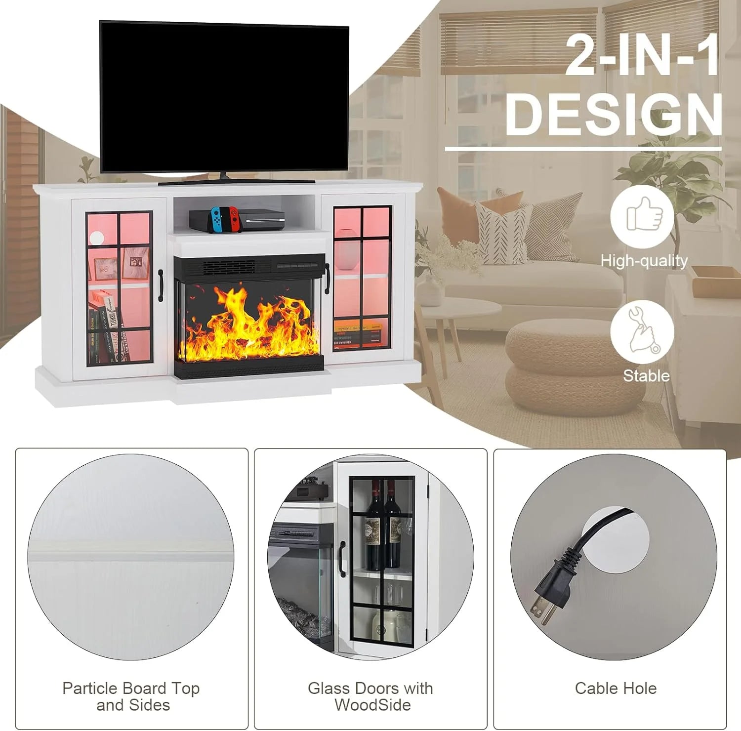 59'' Fireplace TV Stand for TVs up to 65", 12 Flame Colors&12 LED Light Colors, TV Console with 3-Sided Glass Fireplace, for Living Room, White