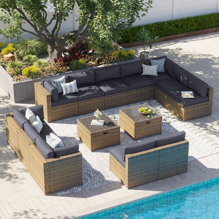 Clouddwell 14 Piece Patio Furniture Set Wicker Rattan Patio Conversation Set Outdoor Sectional Sofa Set with Coffee Table and Gray Cushions(Waterproof Cover Included)