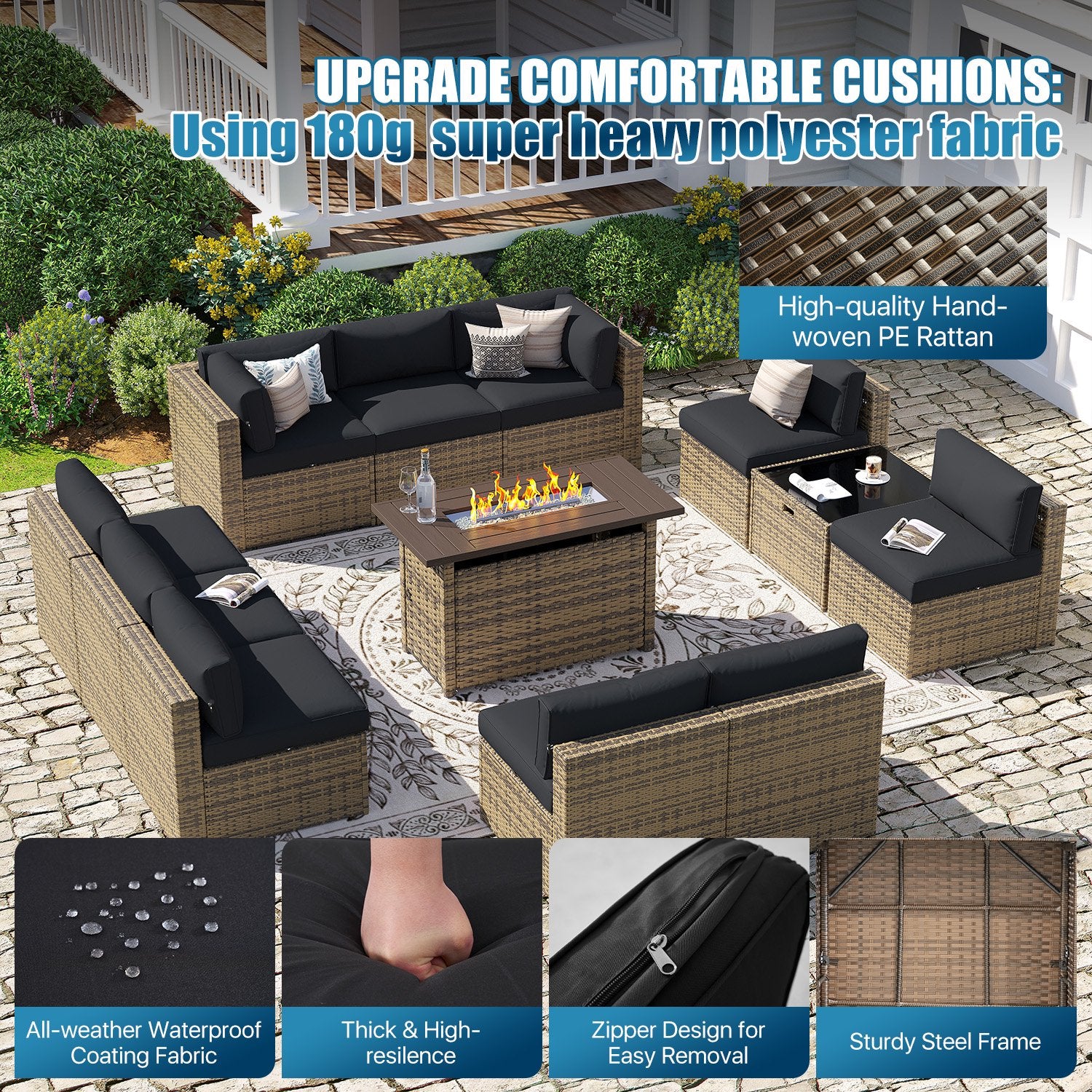 Sunmthink Patio Furniture Sets, 12-Piece Outdoor Patio Furniture with 44'' Propane Gas Firepit Table, Wicker Outdoor Conversation Set and Waterproof Cover for Backyard, Poolside, Garden